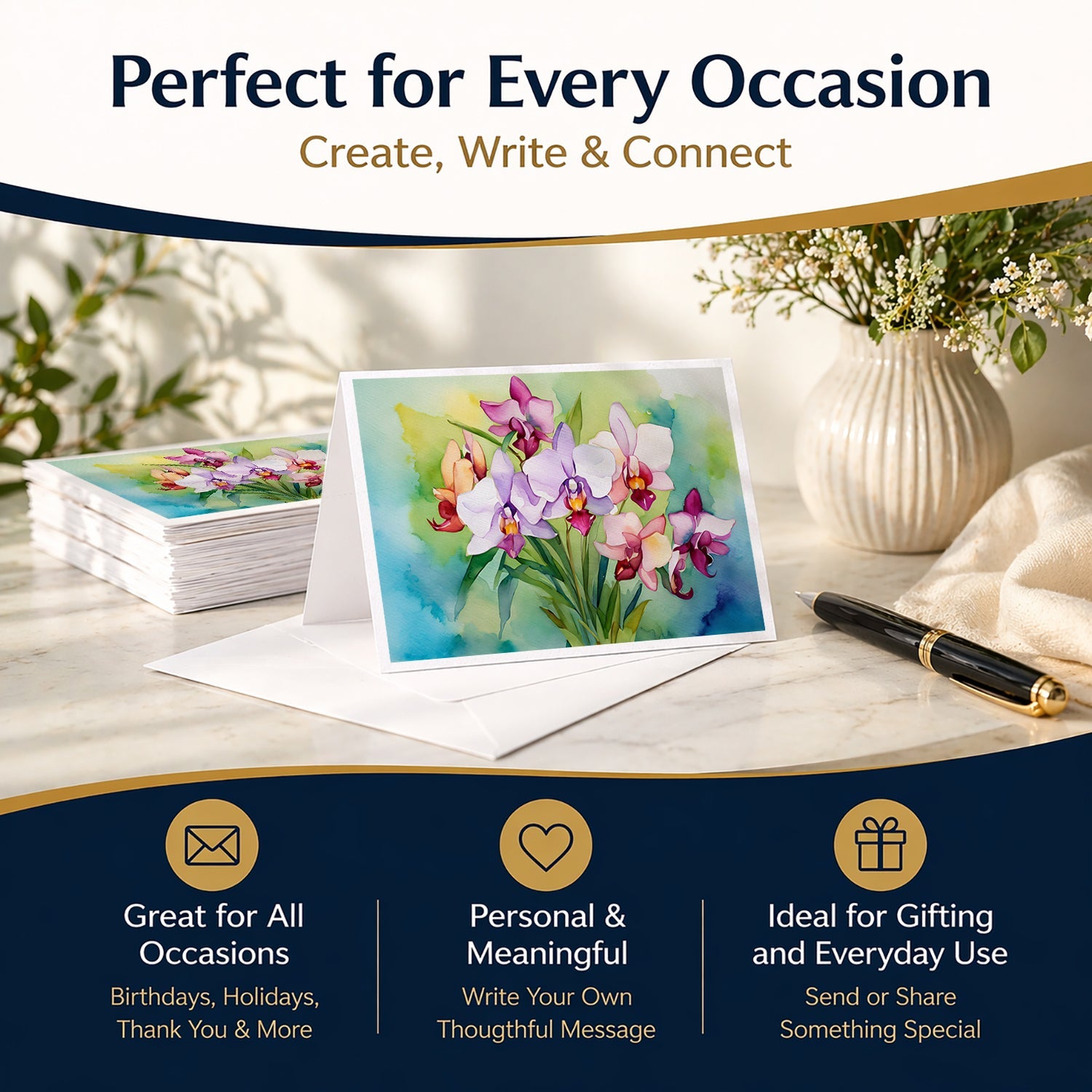 Orchids in Watercolor Greeting Cards Pack of 8 Blank Cards with Envelopes Whimsical A7 Size 5x7
