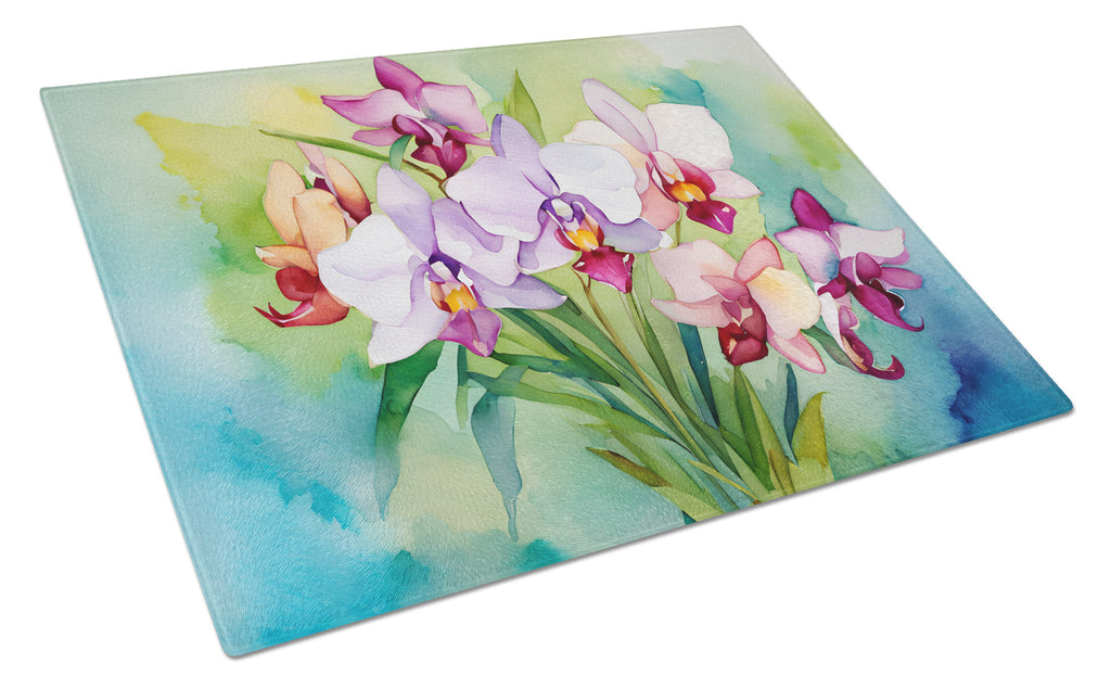 Orchids in Watercolor Cutting Board Tempered Glass Kitchen Cutting Surface, Heat Resistant Chopping, Non-Slip Feet, Food Prep & Serving
