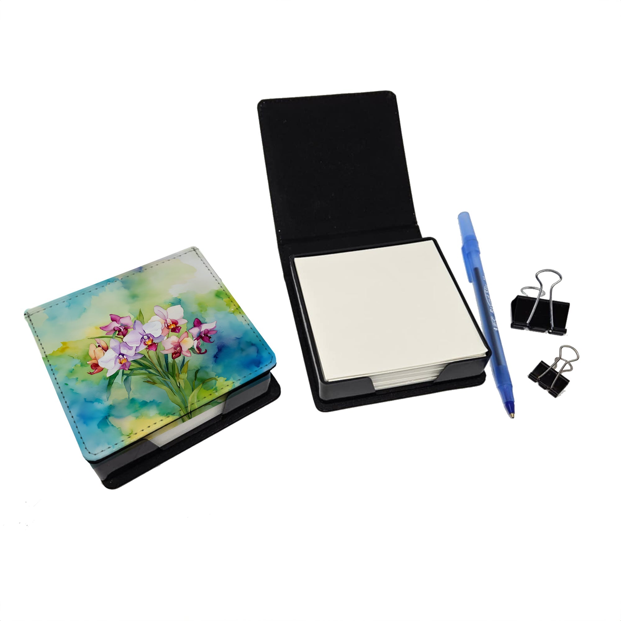 Orchids in Watercolor PU Leather Note Paper Holder with Artist-Designed Cover, Desk Accessory, Office Gift