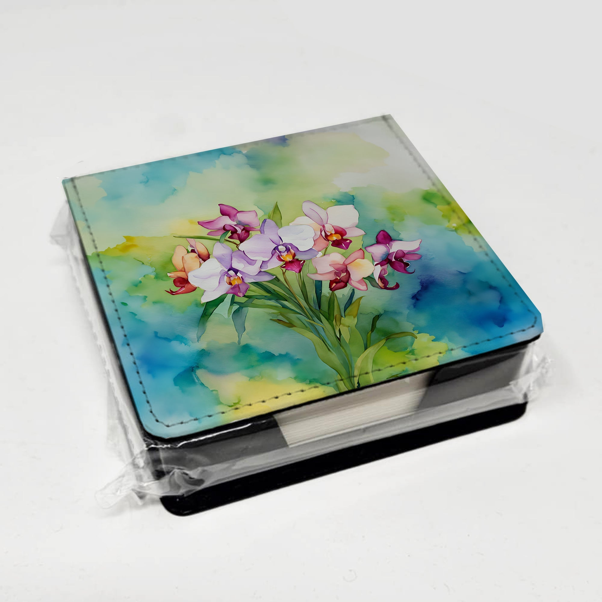 Orchids in Watercolor PU Leather Note Paper Holder with Artist-Designed Cover, Desk Accessory, Office Gift