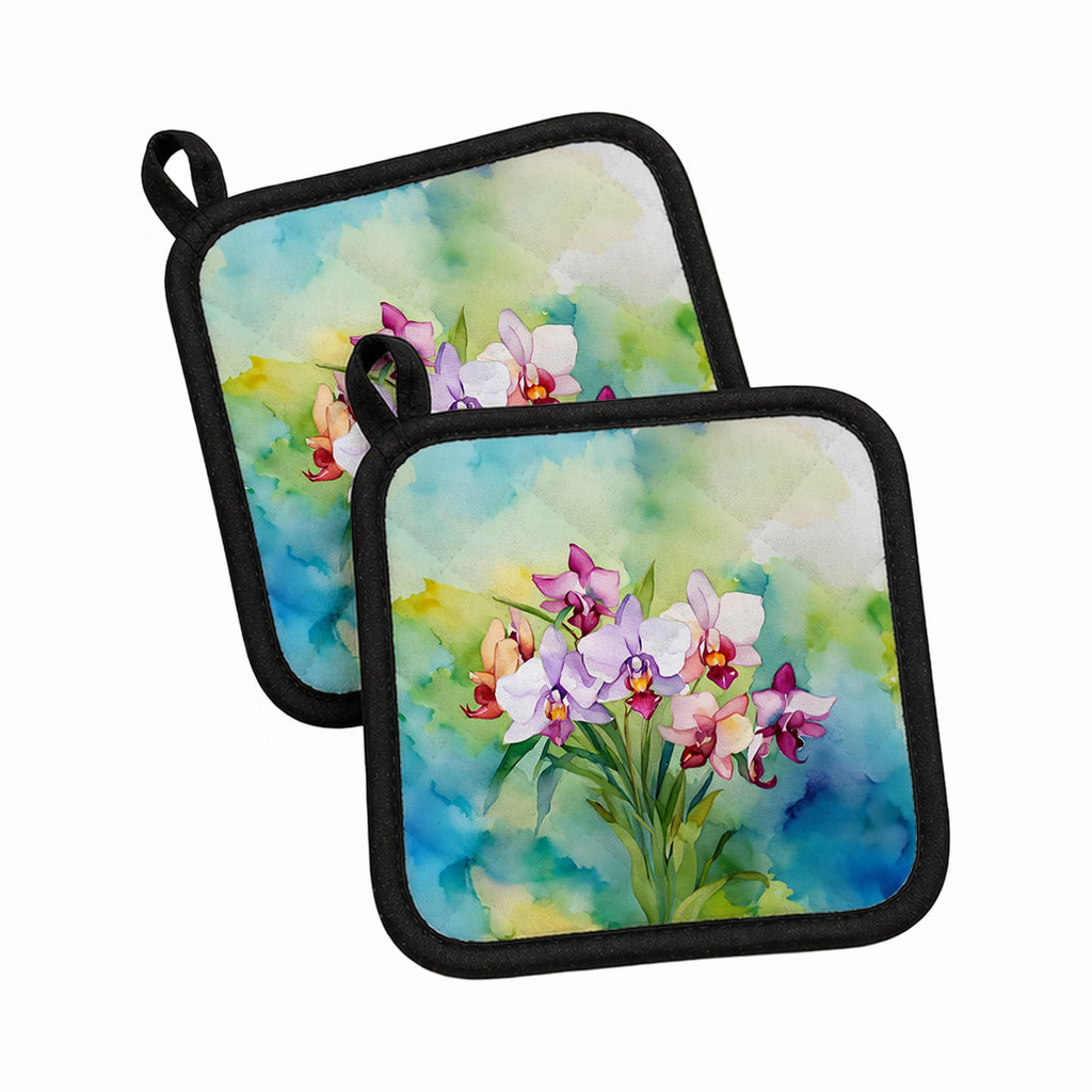Orchids in Watercolor Pot Holder Set of 2 Heat Resistant Quilted Hot Pads 7.5 x 7.5 Inch, Insulated Kitchen Trivets for Cooking & Baking