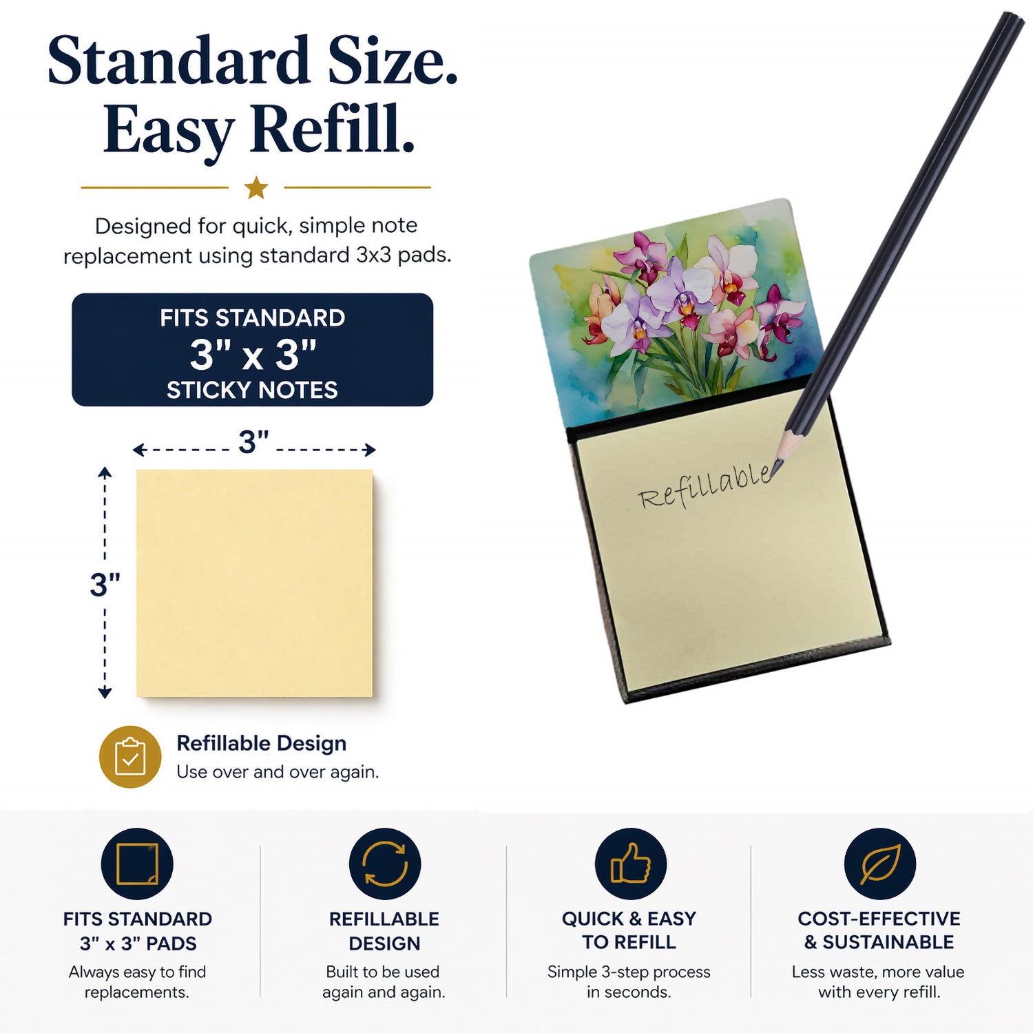 Orchids in Watercolor Watercolor Sticky Note Holder Refillable Dispenser Desk Accessory 3x3 Pad Gift
