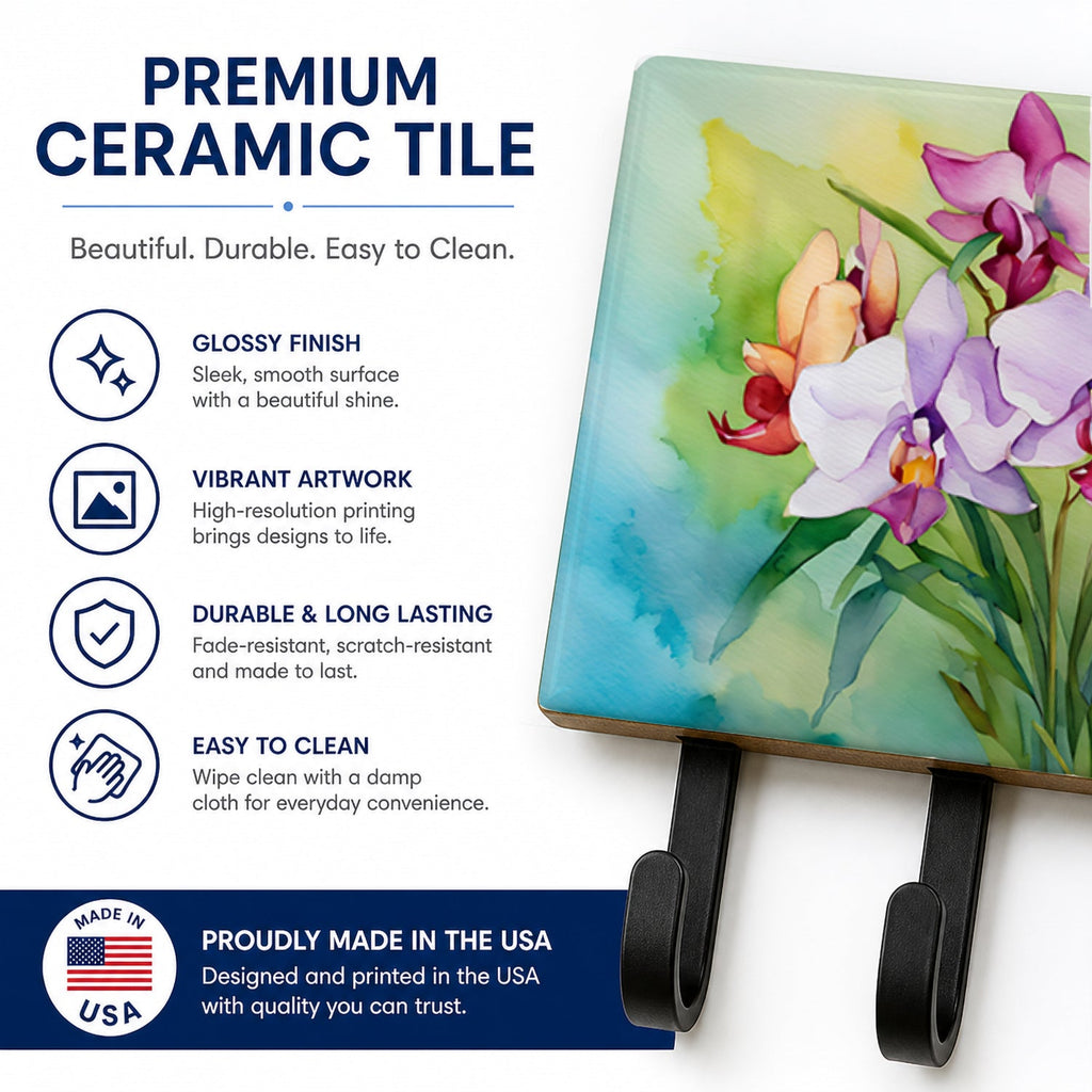 Orchids in Watercolor Leash or Key Holder Wall Hooks, Coat Rack Wall Mount, for Hanging Keys, Towels, Aprons, Leashes