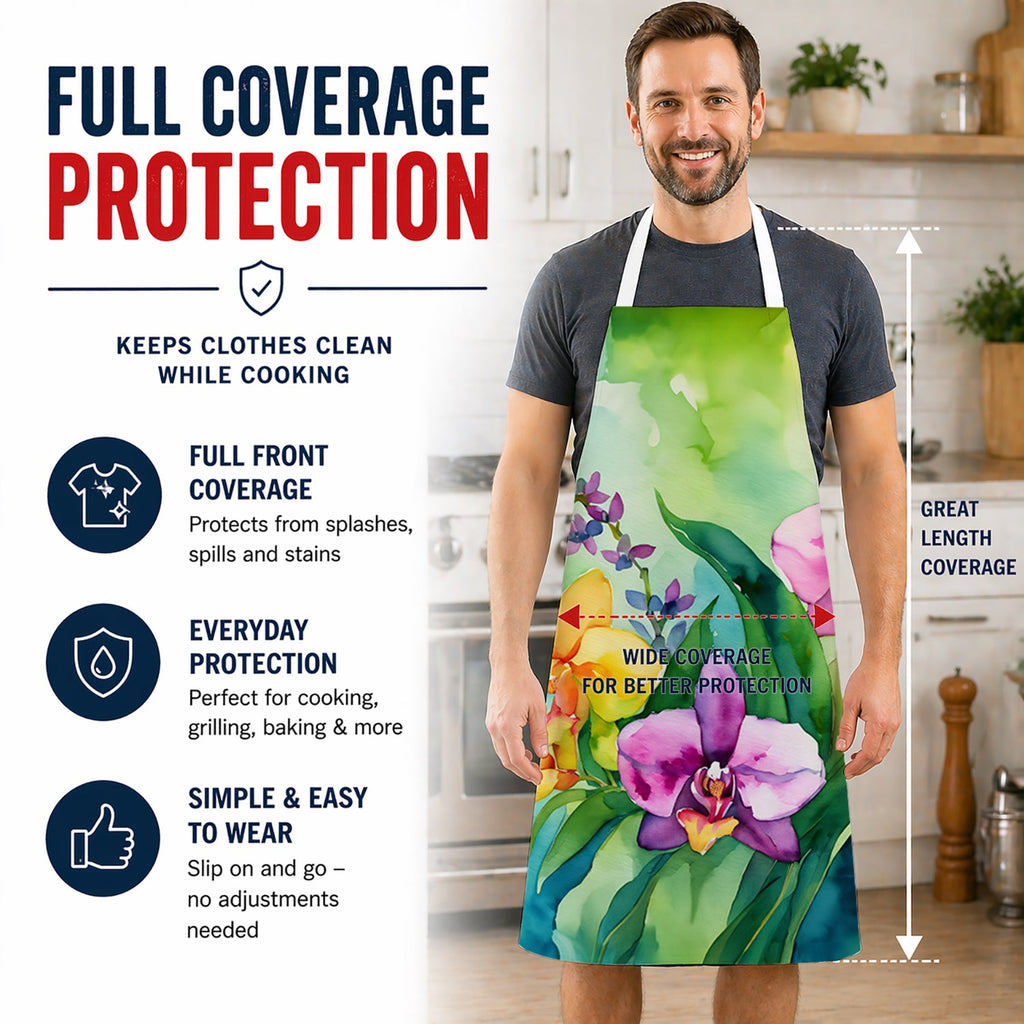 Orchids in Watercolor Apron Cooking Kitchen Server Baking Crafts Gardening for Adult Women Men, Unisex, Large, Multicolor