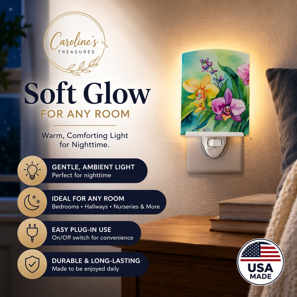 Orchids in Watercolor Ceramic Night Light Compact, UL-Certified, Ideal for Bedroom, Bathroom, Nursery, Hallway, Kitchen, 6x4x3, Multicolor