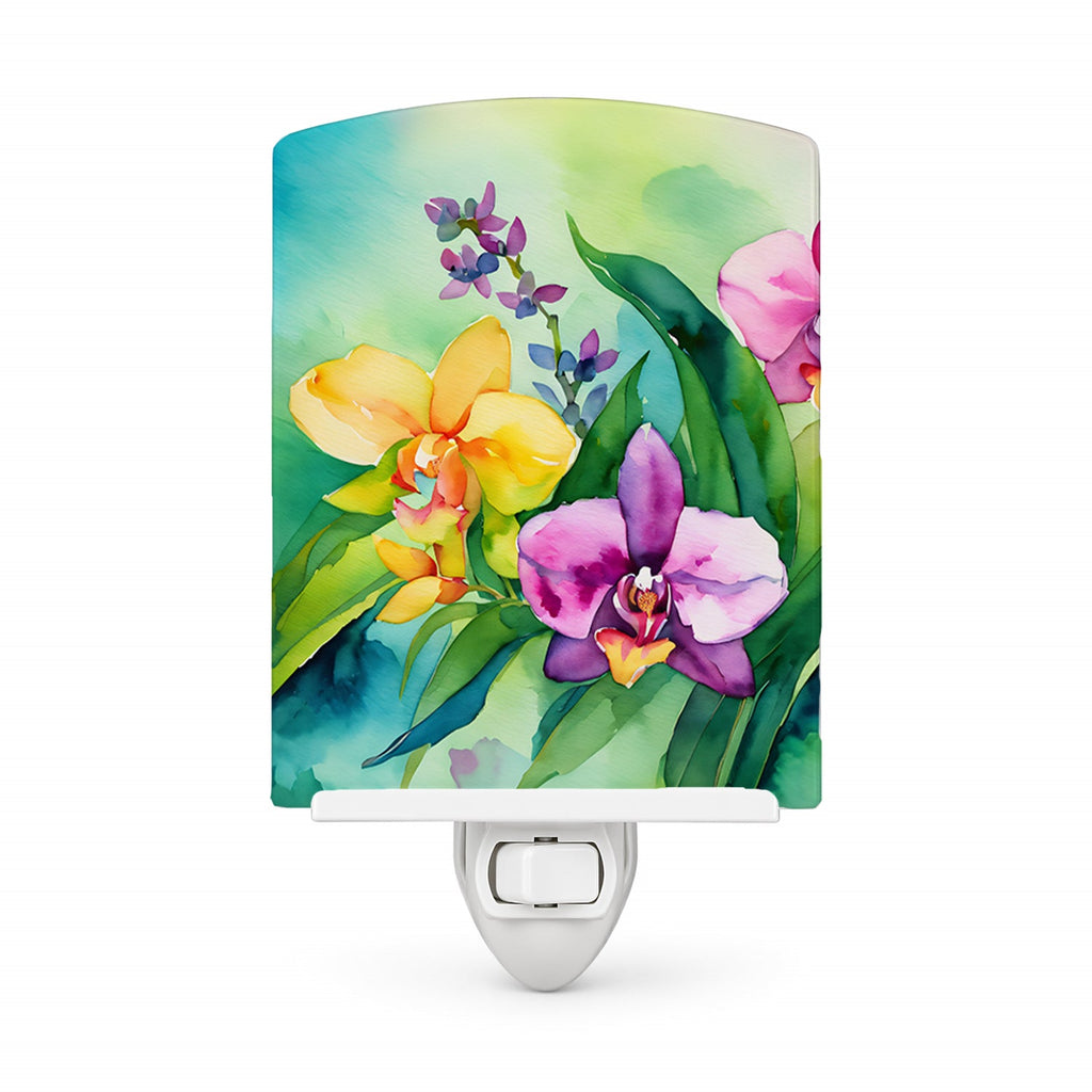 Orchids in Watercolor Ceramic Night Light Compact, UL-Certified, Ideal for Bedroom, Bathroom, Nursery, Hallway, Kitchen, 6x4x3, Multicolor