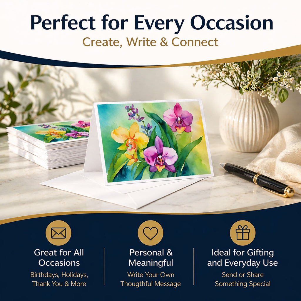 Orchids in Watercolor Greeting Cards Pack of 8 Blank Cards with Envelopes Whimsical A7 Size 5x7