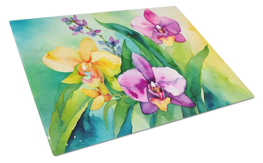 Orchids in Watercolor Cutting Board Tempered Glass Kitchen Cutting Surface, Heat Resistant Chopping, Non-Slip Feet, Food Prep & Serving
