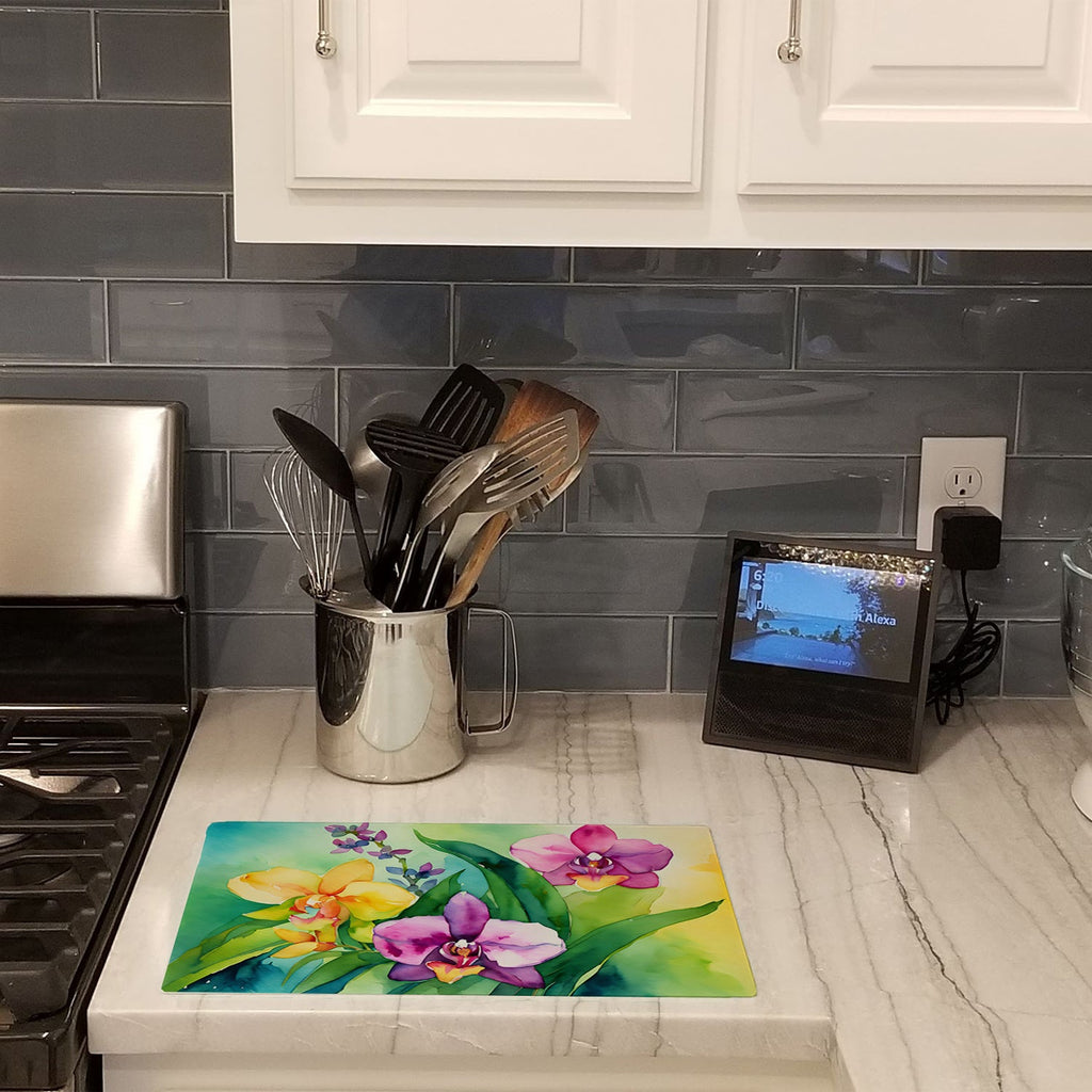 Orchids in Watercolor Cutting Board Tempered Glass Kitchen Cutting Surface, Heat Resistant Chopping, Non-Slip Feet, Food Prep & Serving