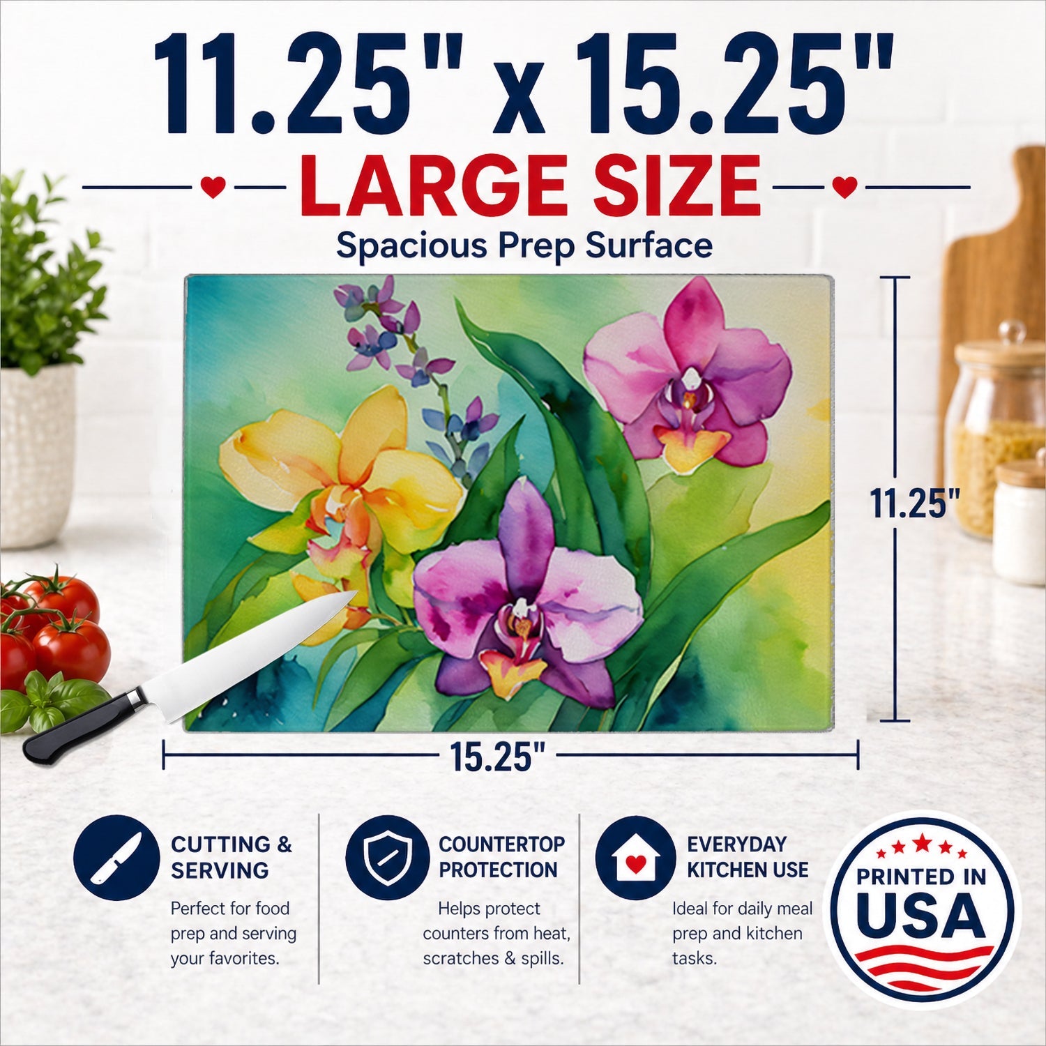Orchids in Watercolor Cutting Board Tempered Glass Kitchen Cutting Surface, Heat Resistant Chopping, Non-Slip Feet, Food Prep & Serving