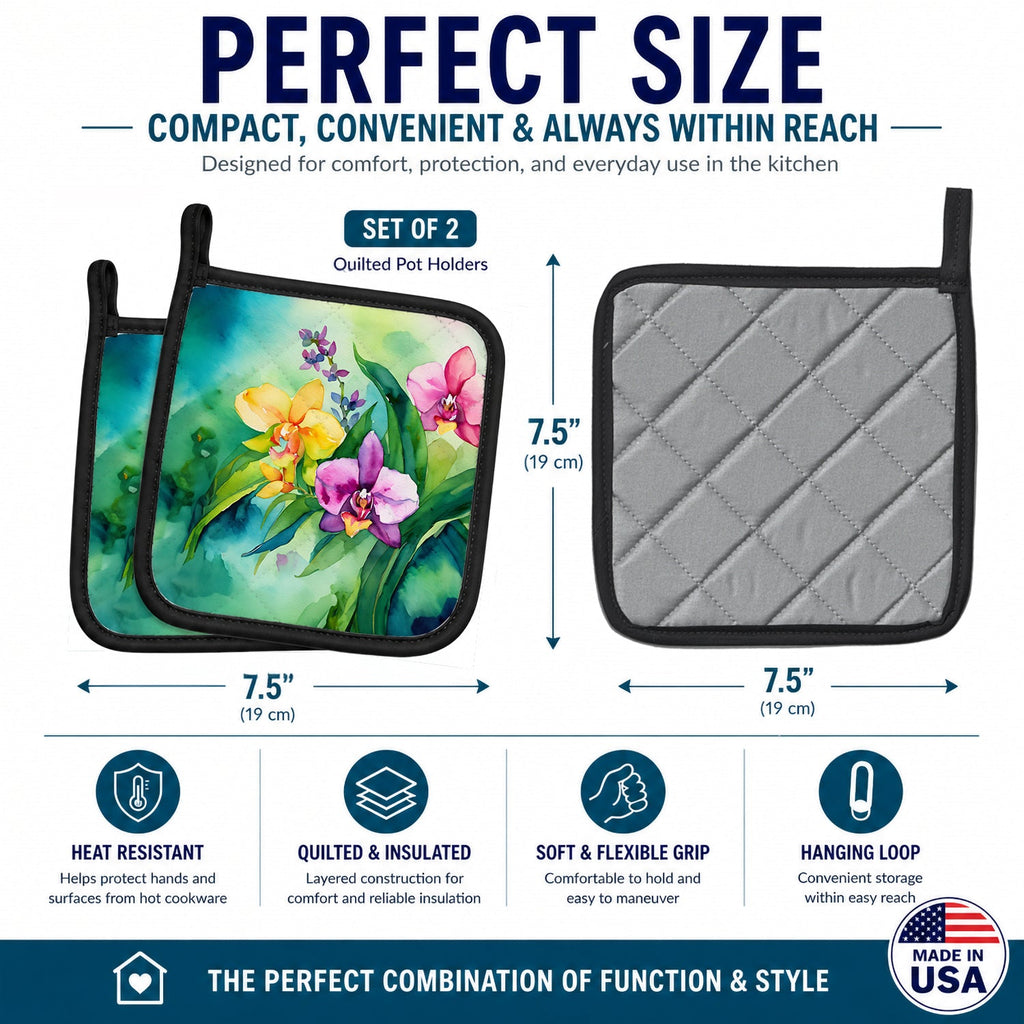 Orchids in Watercolor Pot Holder Set of 2 Heat Resistant Quilted Hot Pads 7.5 x 7.5 Inch, Insulated Kitchen Trivets for Cooking & Baking