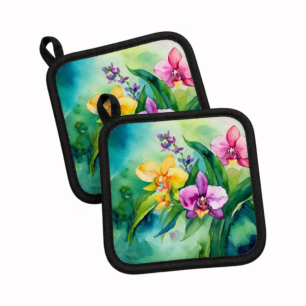 Orchids in Watercolor Pot Holder Set of 2 Heat Resistant Quilted Hot Pads 7.5 x 7.5 Inch, Insulated Kitchen Trivets for Cooking & Baking
