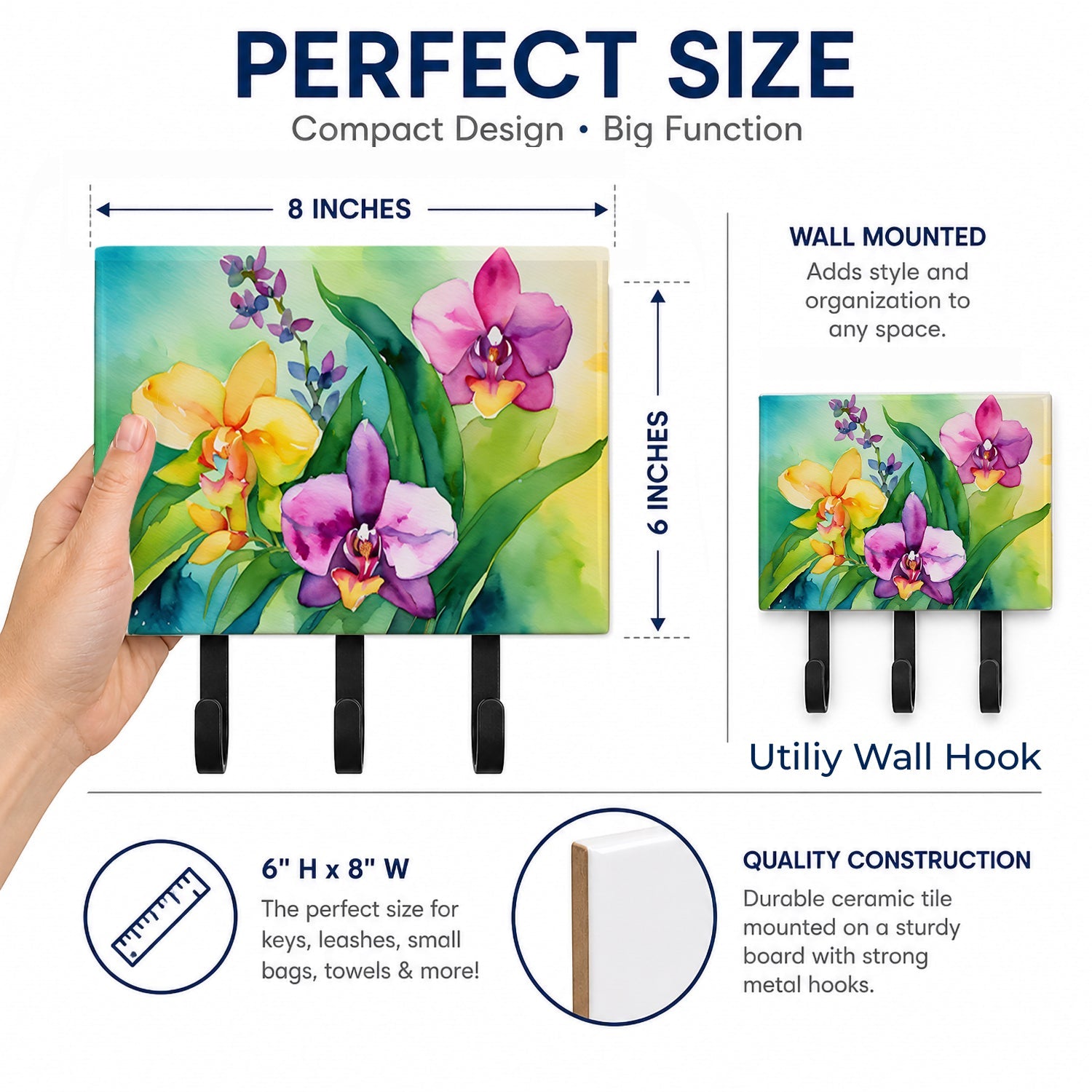 Orchids in Watercolor Leash or Key Holder Wall Hooks, Coat Rack Wall Mount, for Hanging Keys, Towels, Aprons, Leashes
