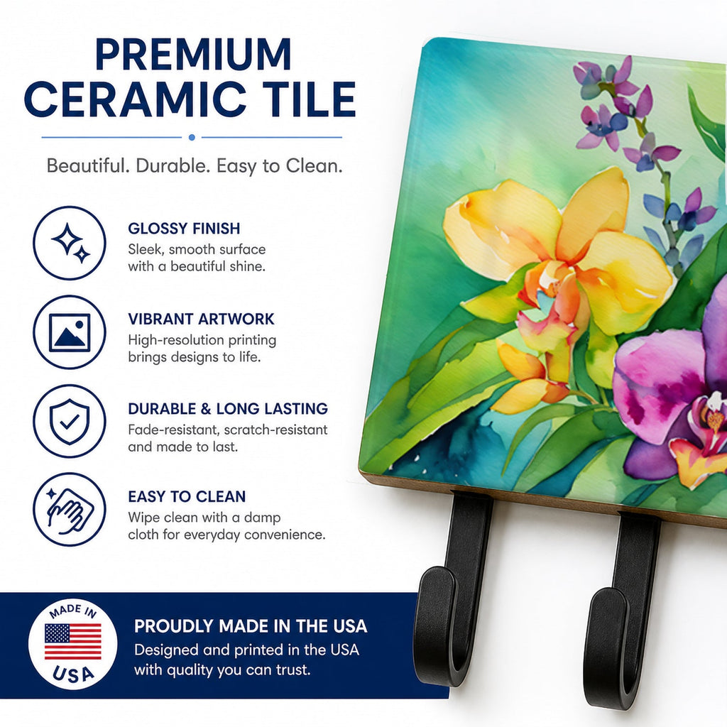 Orchids in Watercolor Leash or Key Holder Wall Hooks, Coat Rack Wall Mount, for Hanging Keys, Towels, Aprons, Leashes