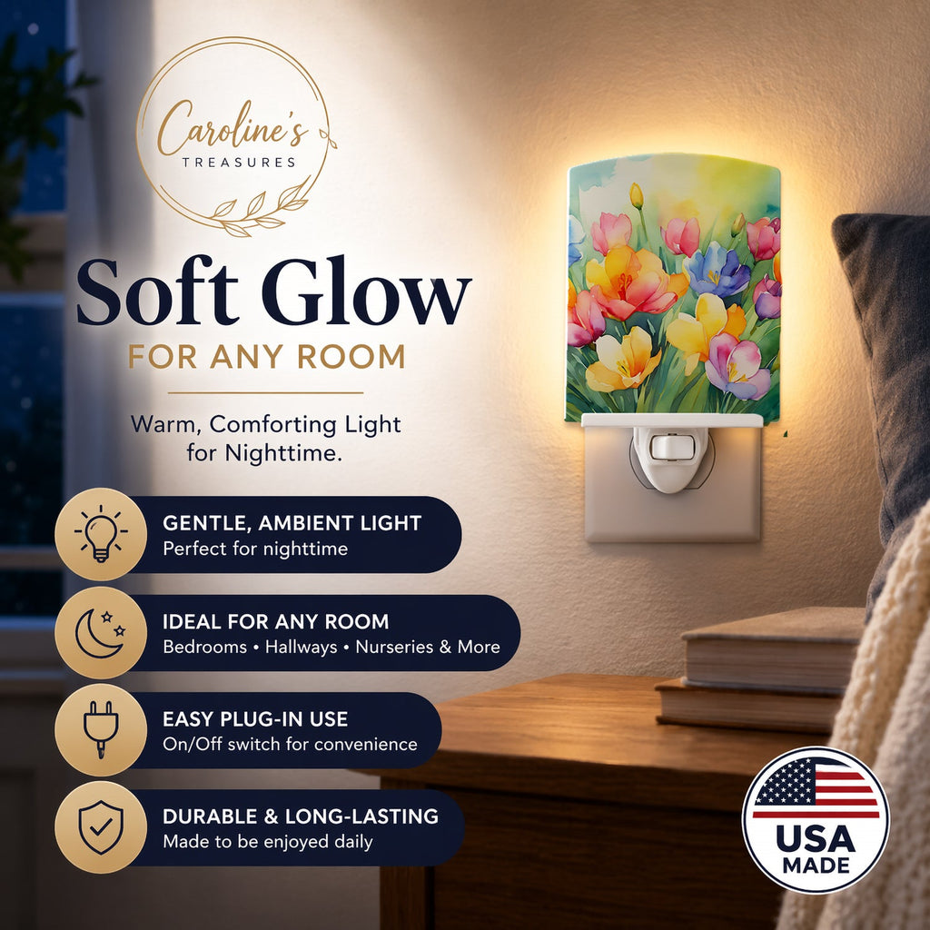 Freesias in Watercolor Ceramic Night Light Compact, UL-Certified, Ideal for Bedroom, Bathroom, Nursery, Hallway, Kitchen, 6x4x3, Multicolor