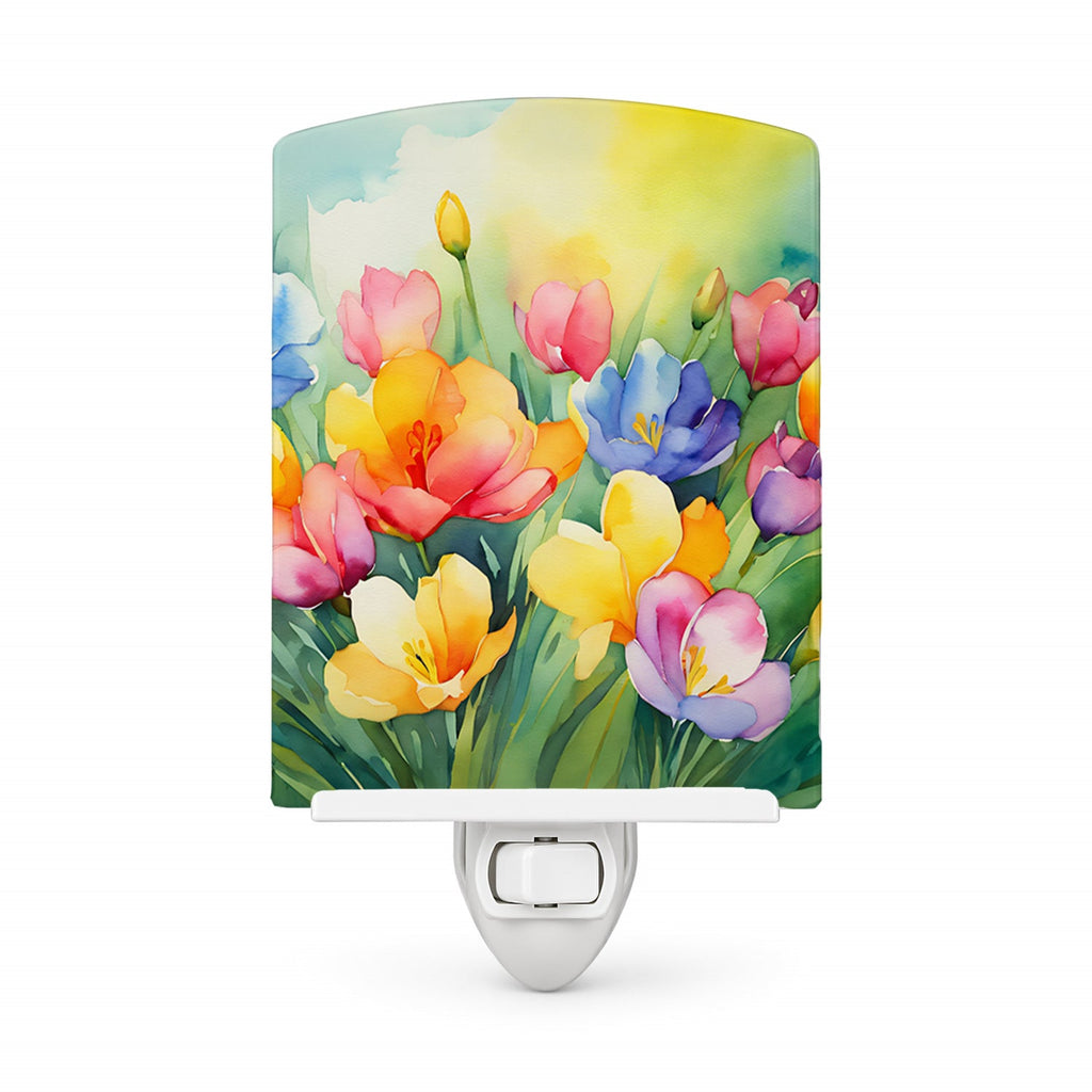 Freesias in Watercolor Ceramic Night Light Compact, UL-Certified, Ideal for Bedroom, Bathroom, Nursery, Hallway, Kitchen, 6x4x3, Multicolor