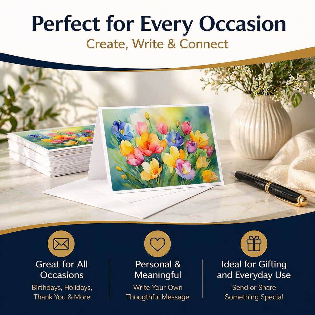 Freesias in Watercolor Greeting Cards Pack of 8 Blank Cards with Envelopes Whimsical A7 Size 5x7