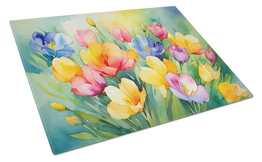 Freesias in Watercolor Cutting Board Tempered Glass Kitchen Cutting Surface, Heat Resistant Chopping, Non-Slip Feet, Food Prep & Serving