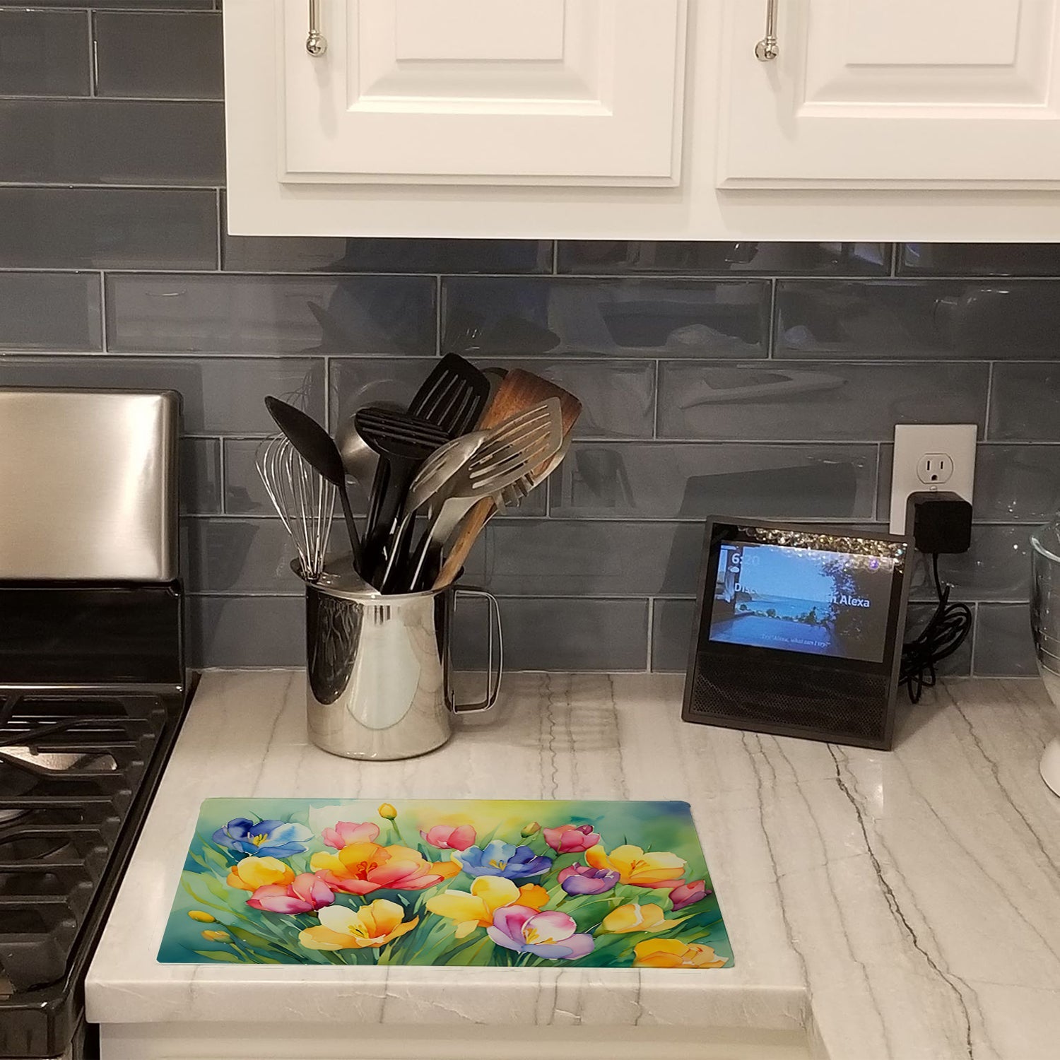 Freesias in Watercolor Cutting Board Tempered Glass Kitchen Cutting Surface, Heat Resistant Chopping, Non-Slip Feet, Food Prep & Serving