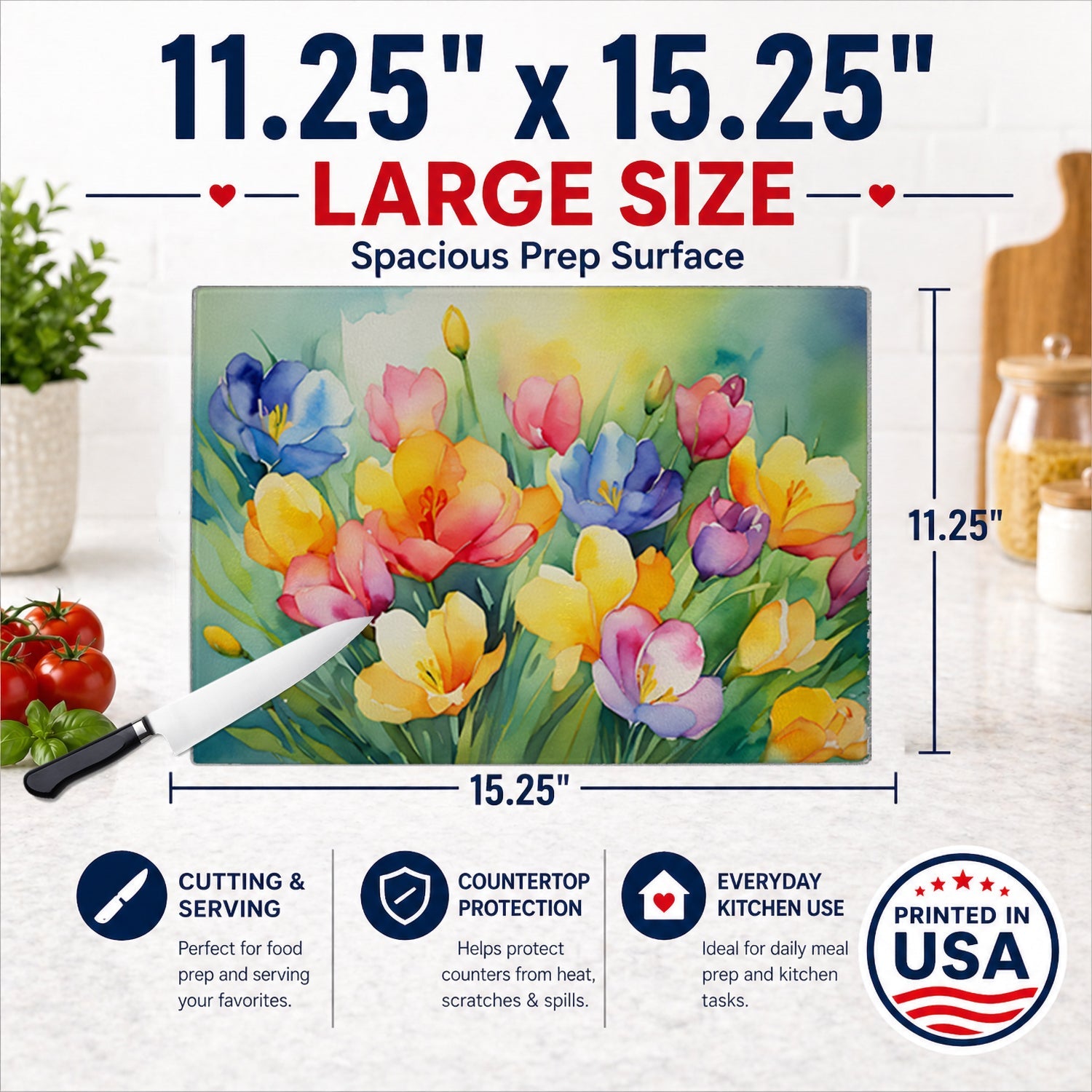 Freesias in Watercolor Cutting Board Tempered Glass Kitchen Cutting Surface, Heat Resistant Chopping, Non-Slip Feet, Food Prep & Serving
