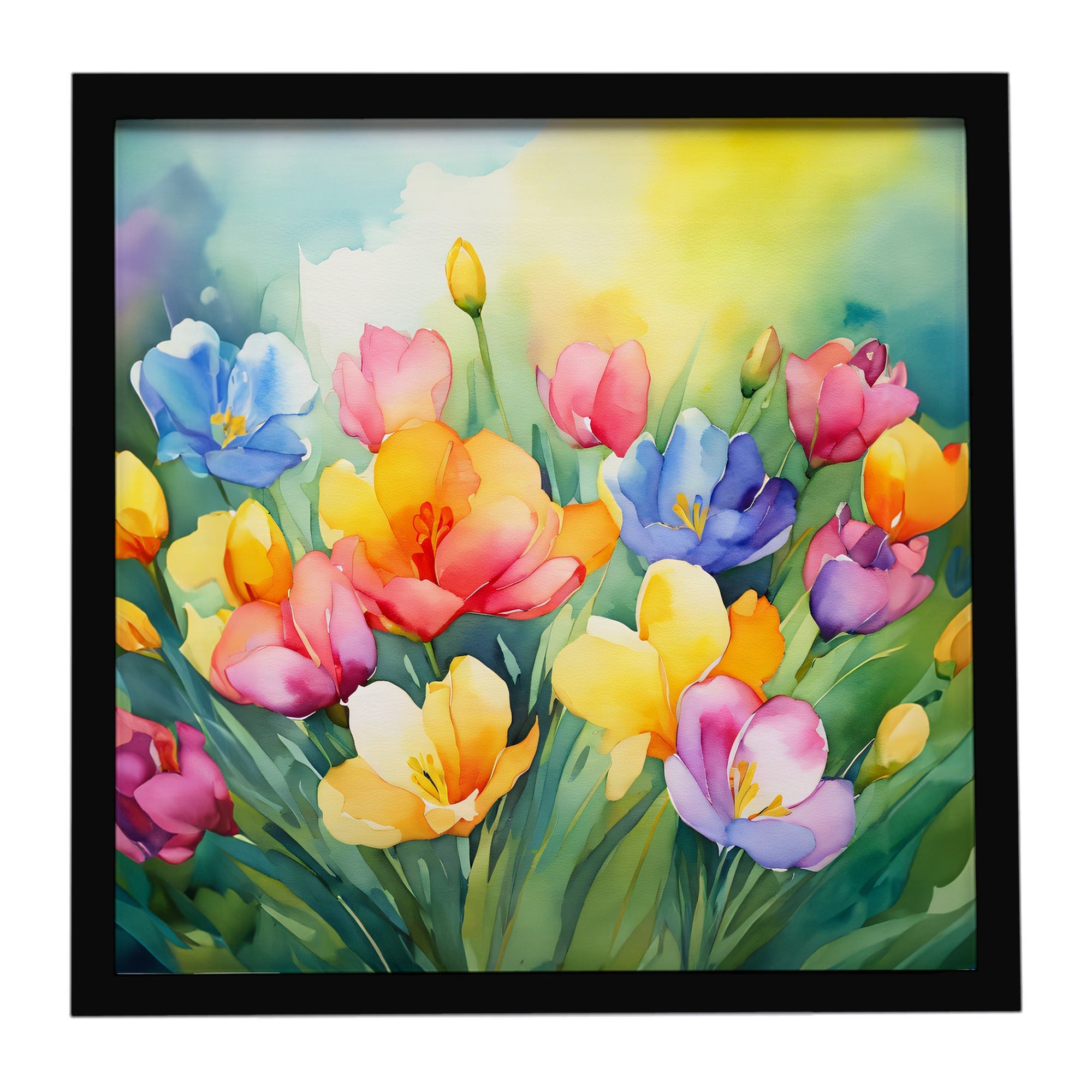 Freesias in Watercolor Framed Metal Print Bathroom, Kitchen, Office, Home Decor Wall Art Ready to Hang, Square, 8X8