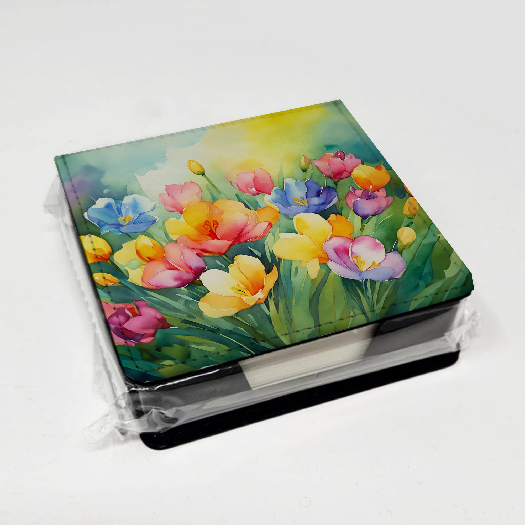 Freesias in Watercolor PU Leather Note Paper Holder with Artist-Designed Cover, Desk Accessory, Office Gift
