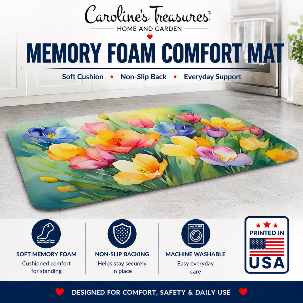 Freesias in Watercolor Memory Foam Kitchen Mat Machine Washable Anti-Fatigue Cushion Comfort Bath or Kitchen Rug