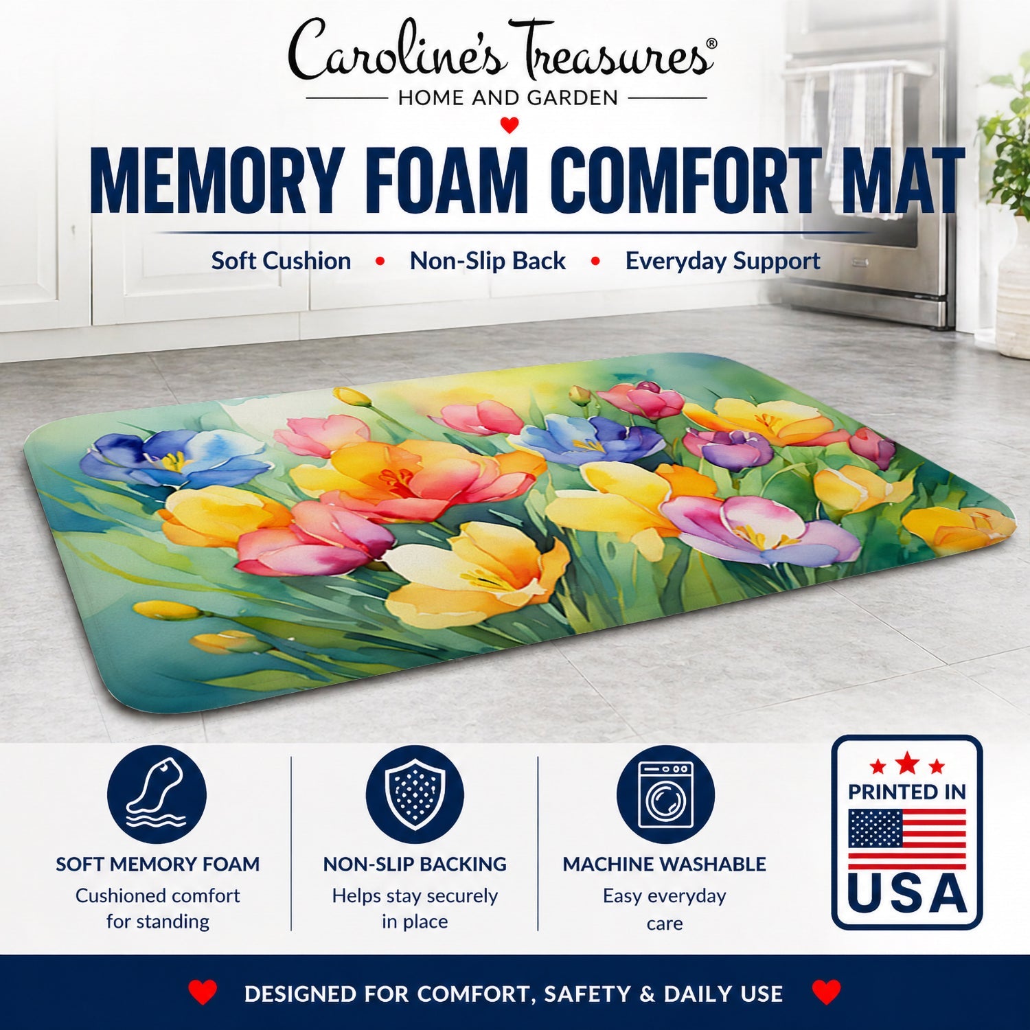 Freesias in Watercolor Memory Foam Kitchen Mat Machine Washable Anti-Fatigue Cushion Comfort Bath or Kitchen Rug