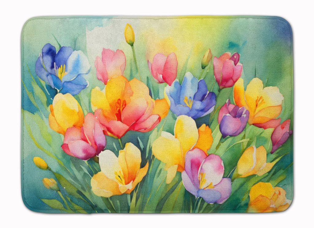 Freesias in Watercolor Memory Foam Kitchen Mat Machine Washable Anti-Fatigue Cushion Comfort Bath or Kitchen Rug
