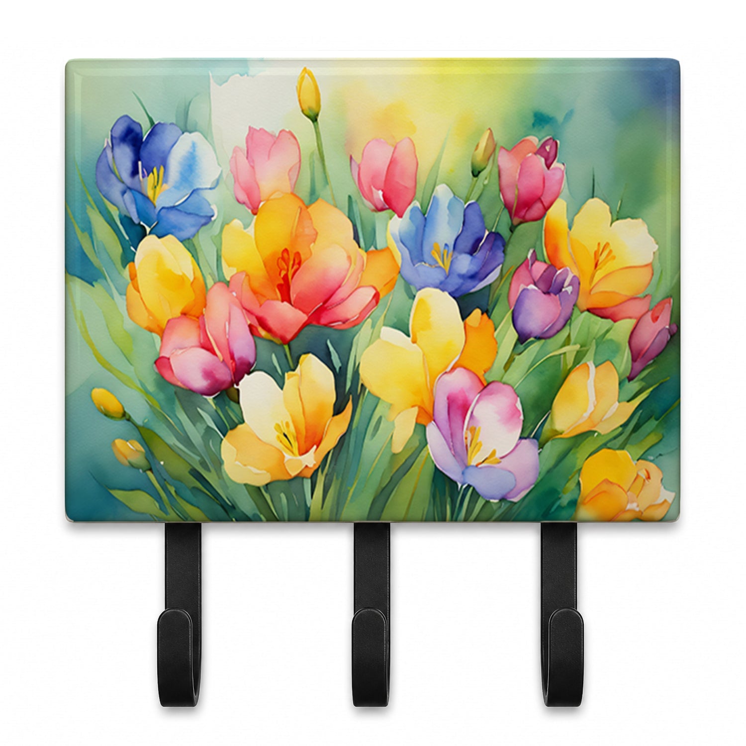 Freesias in Watercolor Leash or Key Holder Wall Hooks, Coat Rack Wall Mount, for Hanging Keys, Towels, Aprons, Leashes