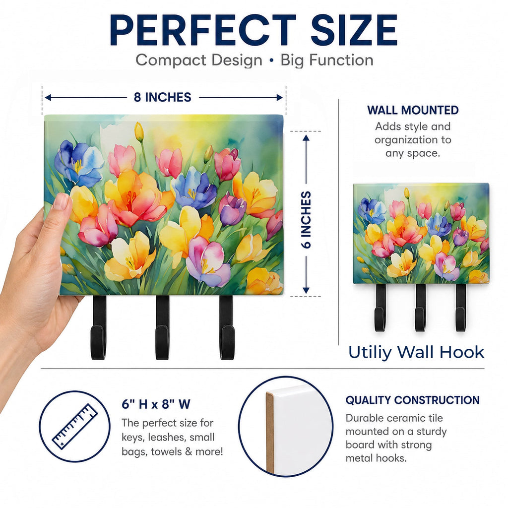 Freesias in Watercolor Leash or Key Holder Wall Hooks, Coat Rack Wall Mount, for Hanging Keys, Towels, Aprons, Leashes