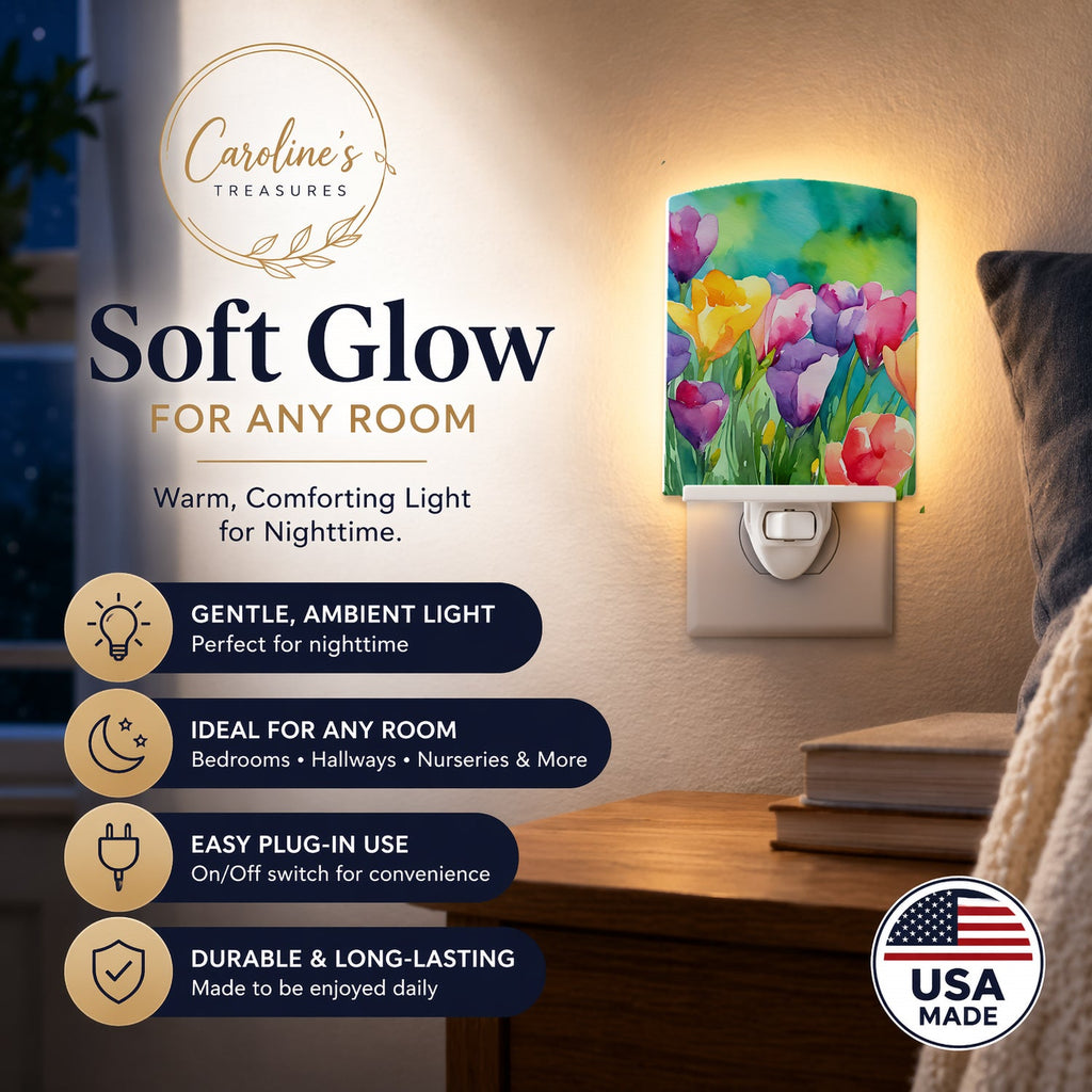 Freesias in Watercolor Ceramic Night Light Compact, UL-Certified, Ideal for Bedroom, Bathroom, Nursery, Hallway, Kitchen, 6x4x3, Multicolor