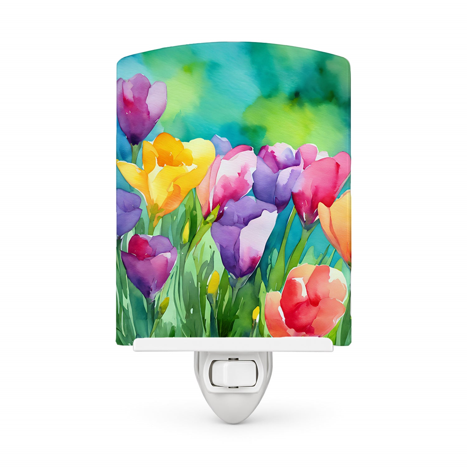 Freesias in Watercolor Ceramic Night Light Compact, UL-Certified, Ideal for Bedroom, Bathroom, Nursery, Hallway, Kitchen, 6x4x3, Multicolor