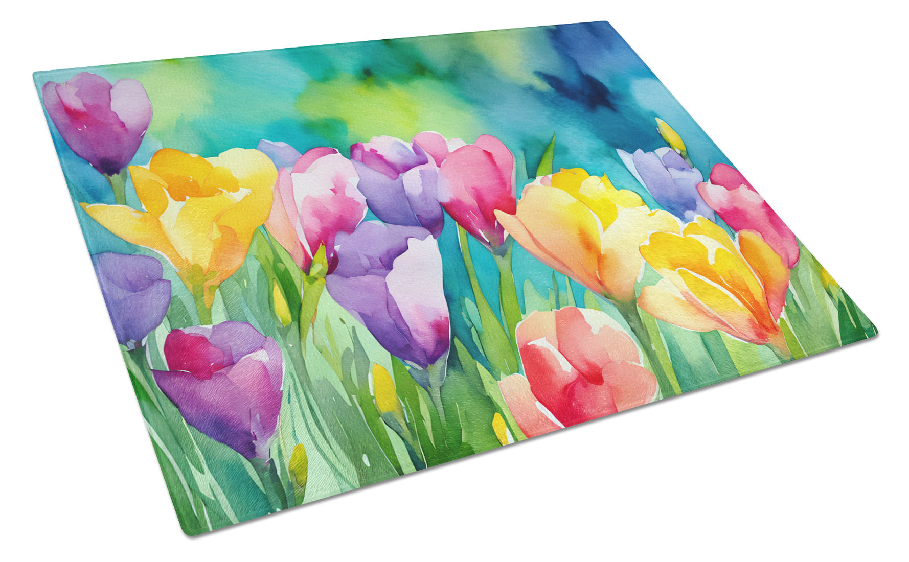 Freesias in Watercolor Cutting Board Tempered Glass Kitchen Cutting Surface, Heat Resistant Chopping, Non-Slip Feet, Food Prep & Serving