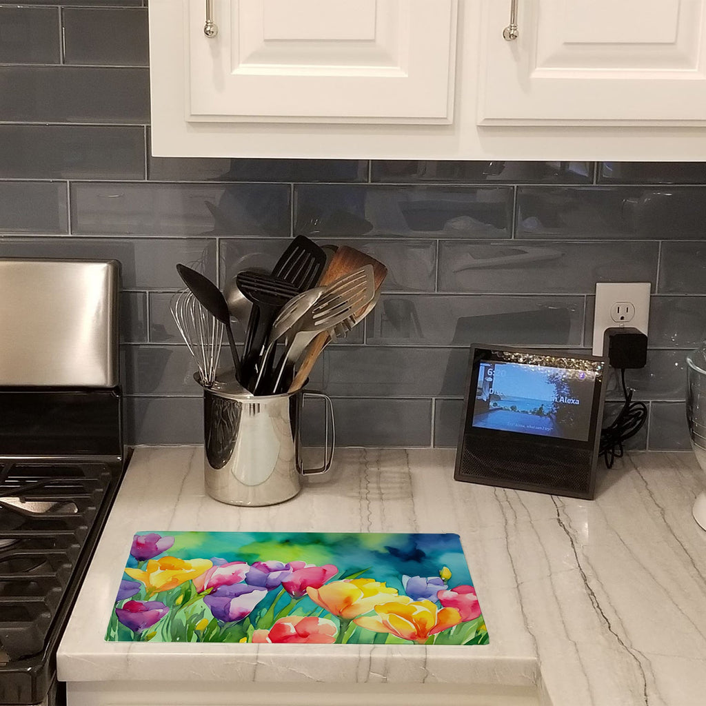 Freesias in Watercolor Cutting Board Tempered Glass Kitchen Cutting Surface, Heat Resistant Chopping, Non-Slip Feet, Food Prep & Serving
