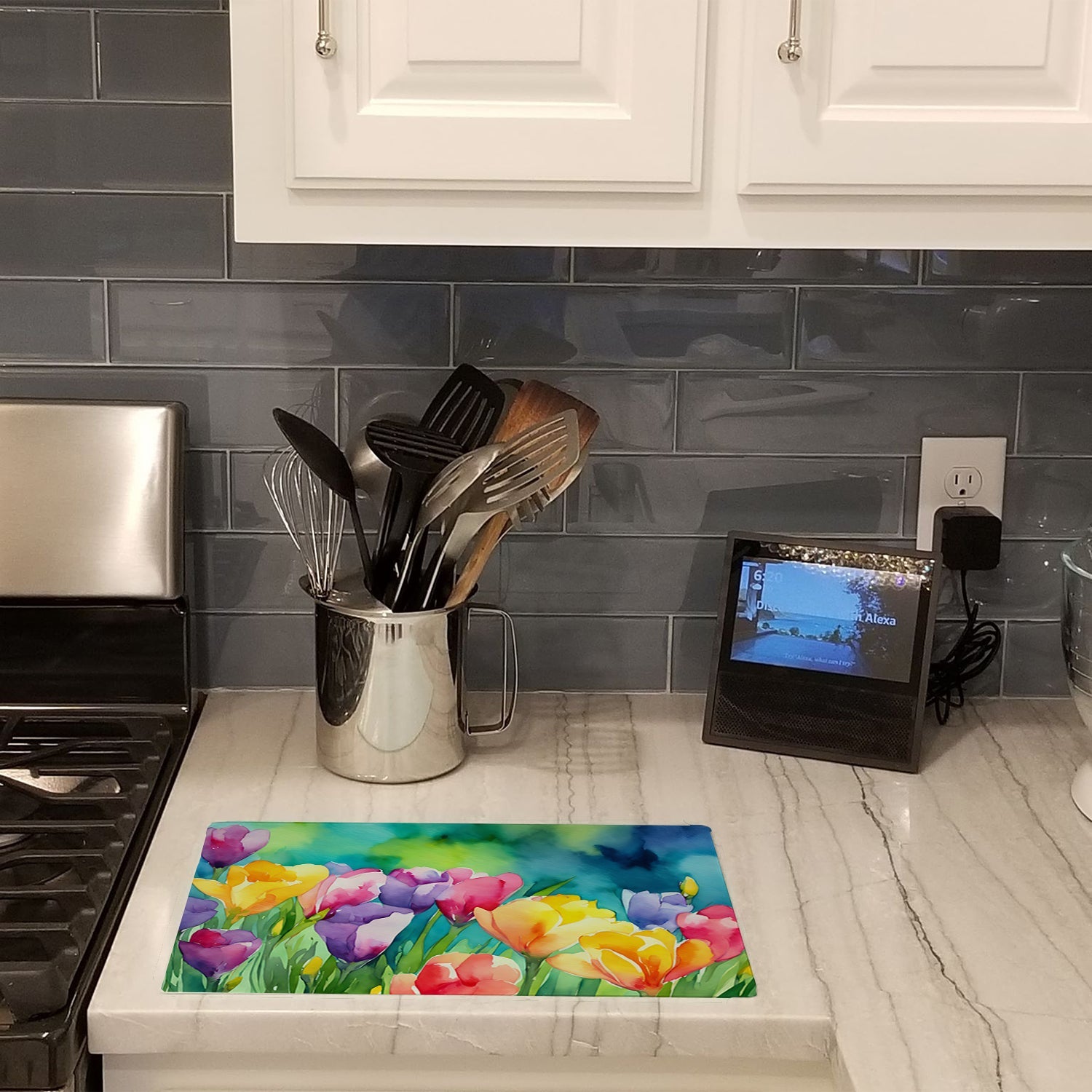 Freesias in Watercolor Cutting Board Tempered Glass Kitchen Cutting Surface, Heat Resistant Chopping, Non-Slip Feet, Food Prep & Serving