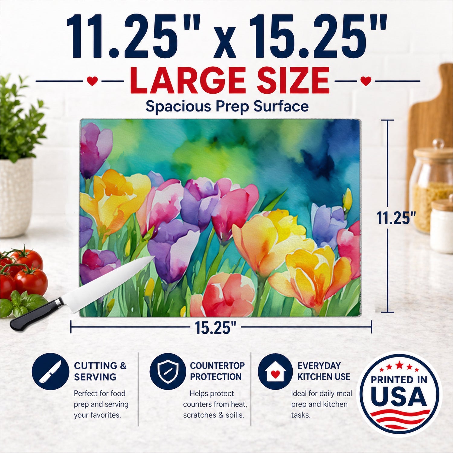 Freesias in Watercolor Cutting Board Tempered Glass Kitchen Cutting Surface, Heat Resistant Chopping, Non-Slip Feet, Food Prep & Serving