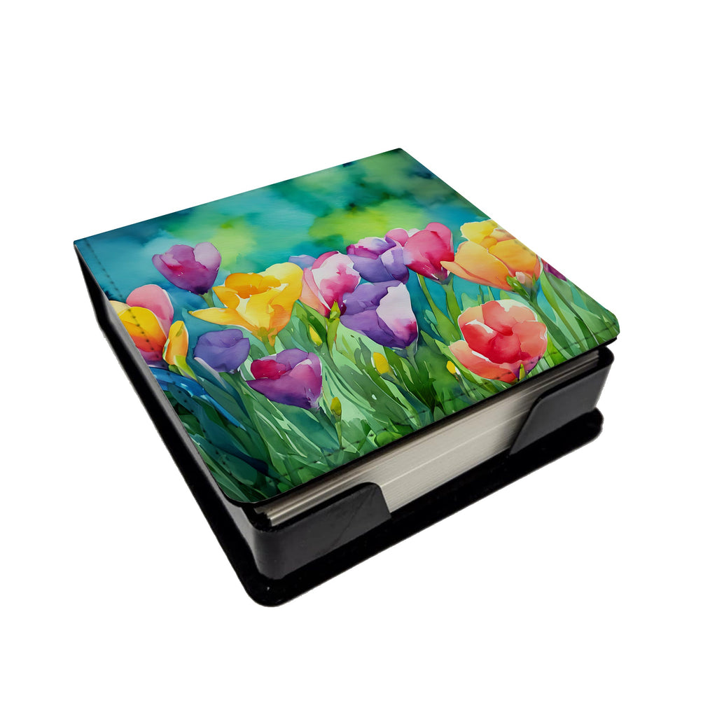 Freesias in Watercolor PU Leather Note Paper Holder with Artist-Designed Cover, Desk Accessory, Office Gift