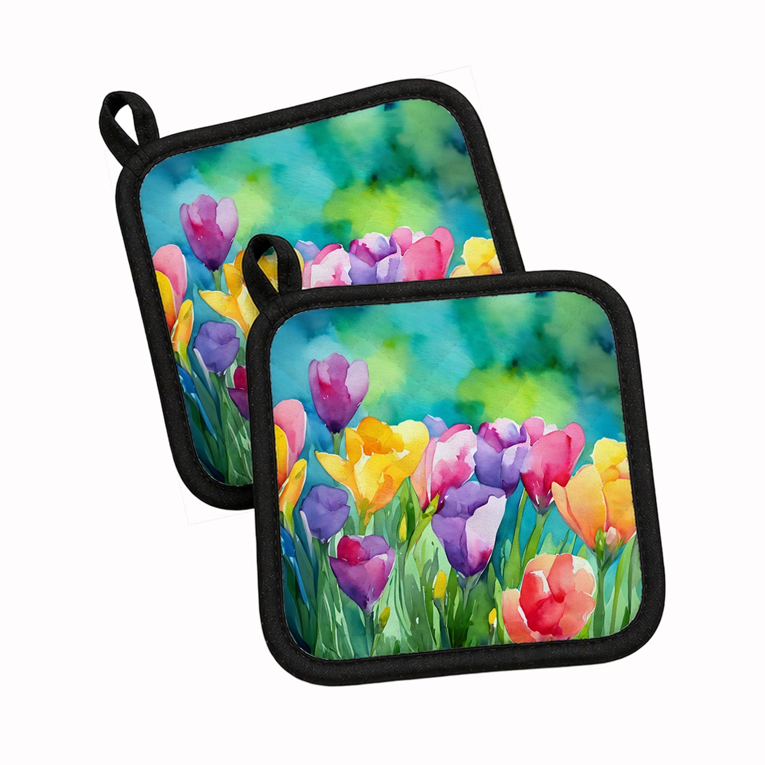 Freesias in Watercolor Pot Holder Set of 2 Heat Resistant Quilted Hot Pads 7.5 x 7.5 Inch, Insulated Kitchen Trivets for Cooking & Baking