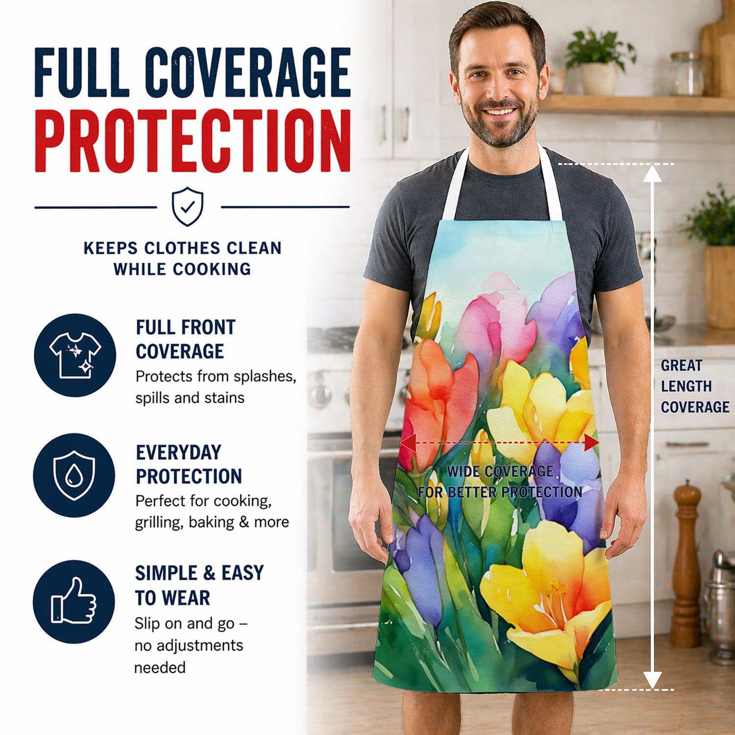 Freesias in Watercolor Apron Cooking Kitchen Server Baking Crafts Gardening for Adult Women Men, Unisex, Large, Multicolor