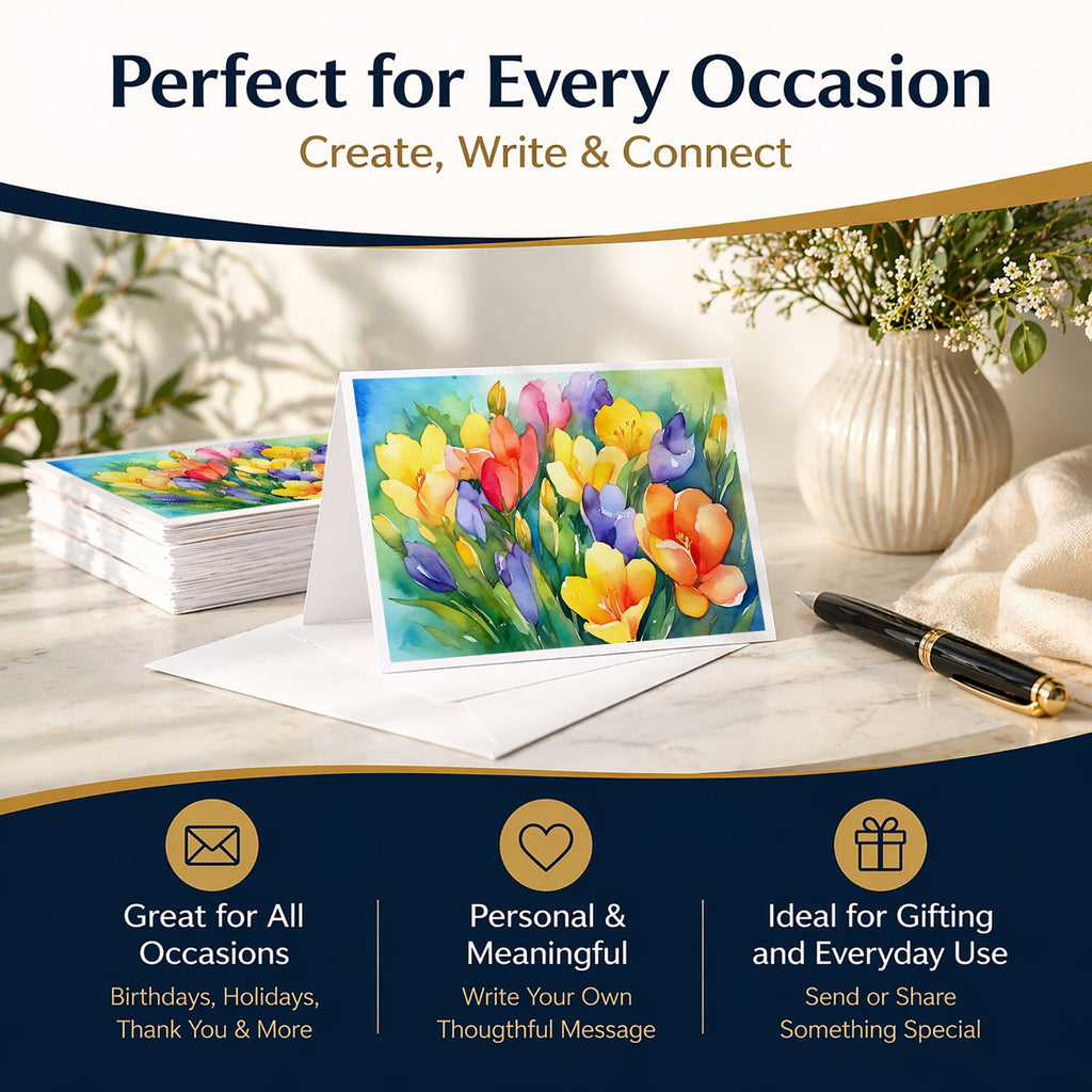 Freesias in Watercolor Greeting Cards Pack of 8 Blank Cards with Envelopes Whimsical A7 Size 5x7