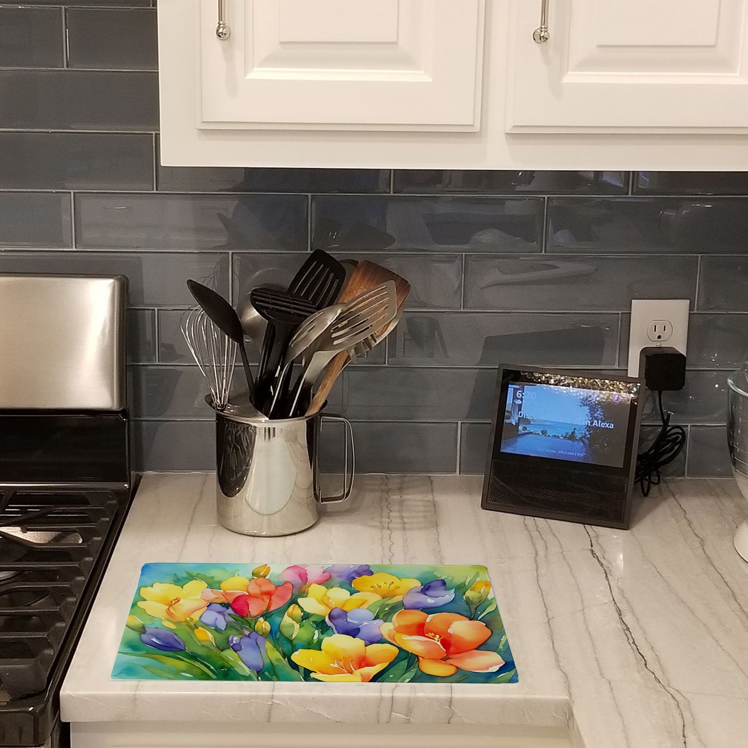 Freesias in Watercolor Cutting Board Tempered Glass Kitchen Cutting Surface, Heat Resistant Chopping, Non-Slip Feet, Food Prep & Serving