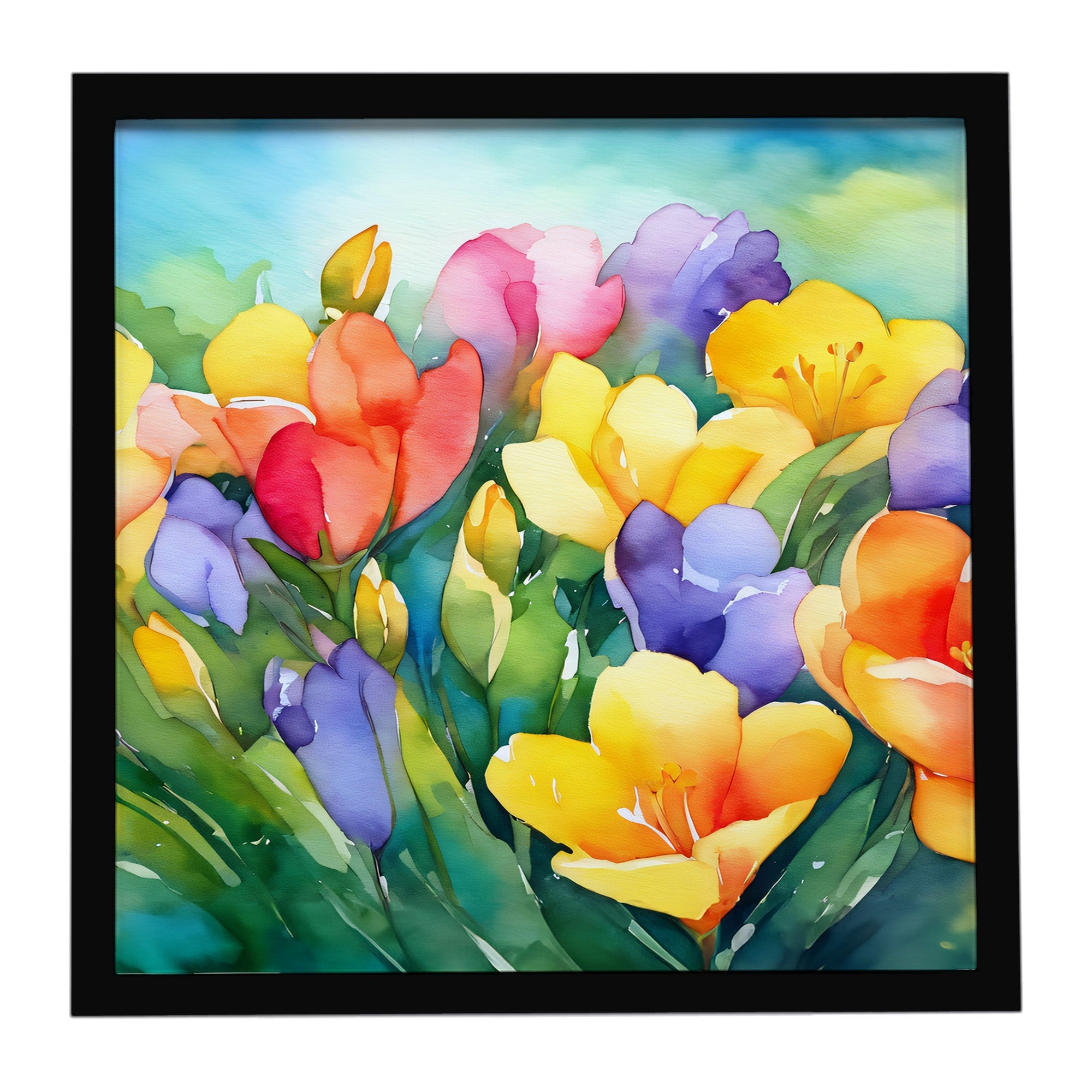 Freesias in Watercolor Framed Metal Print Bathroom, Kitchen, Office, Home Decor Wall Art Ready to Hang, Square, 8X8