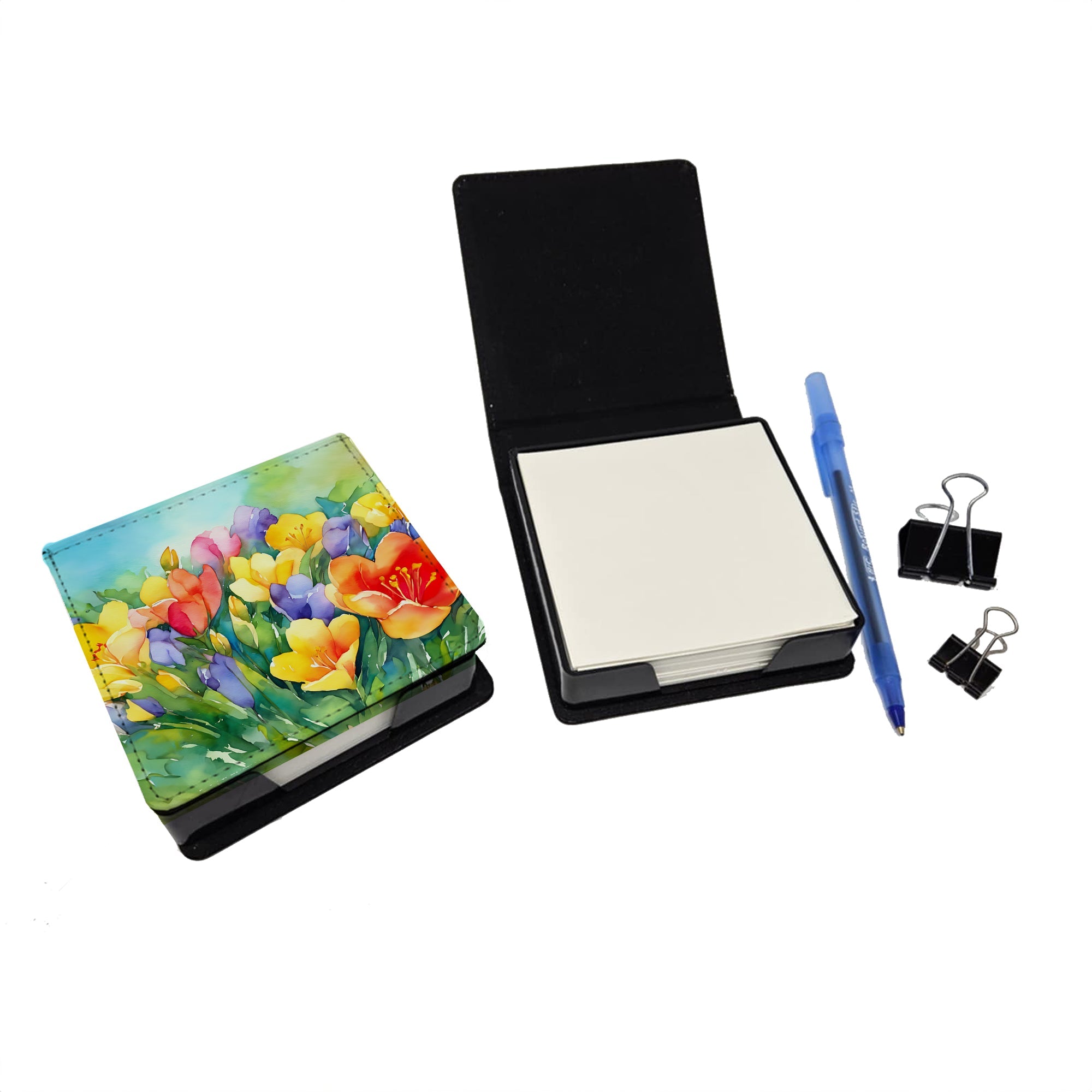 Freesias in Watercolor PU Leather Note Paper Holder with Artist-Designed Cover, Desk Accessory, Office Gift