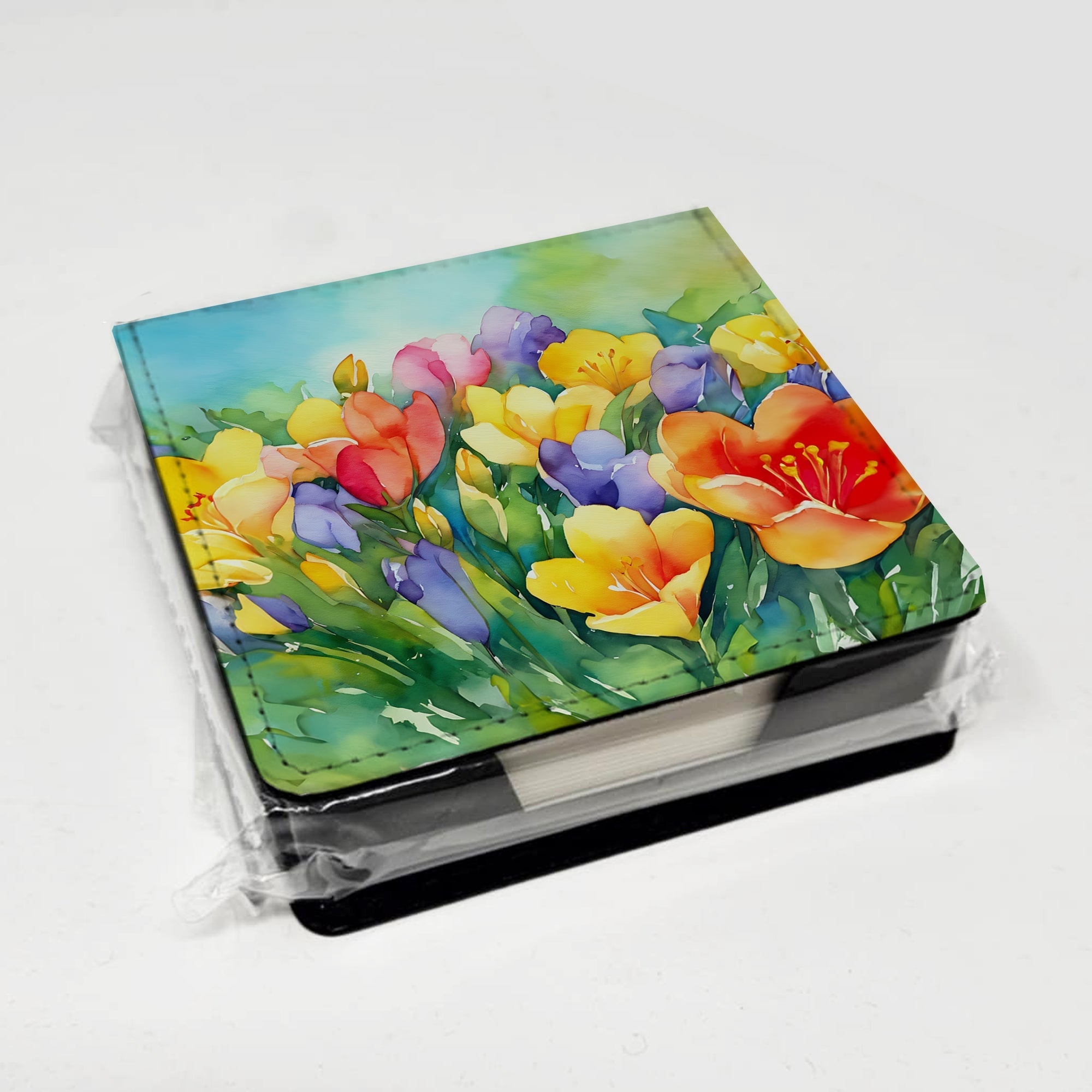 Freesias in Watercolor PU Leather Note Paper Holder with Artist-Designed Cover, Desk Accessory, Office Gift