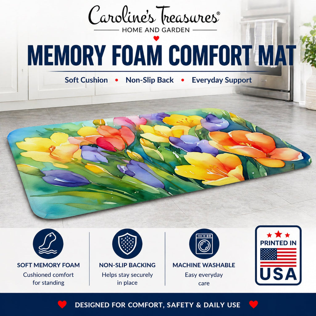 Freesias in Watercolor Memory Foam Kitchen Mat Machine Washable Anti-Fatigue Cushion Comfort Bath or Kitchen Rug