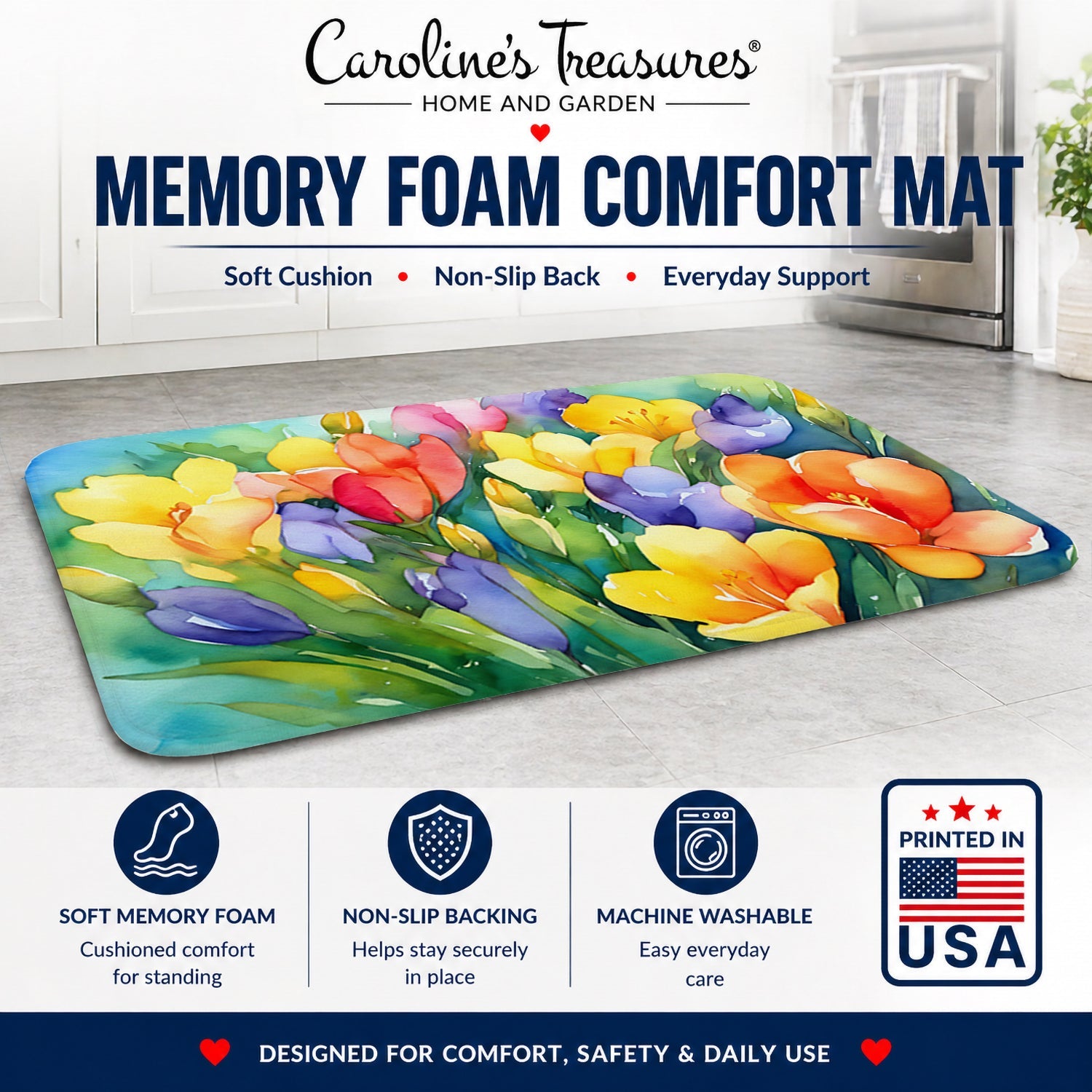 Freesias in Watercolor Memory Foam Kitchen Mat Machine Washable Anti-Fatigue Cushion Comfort Bath or Kitchen Rug