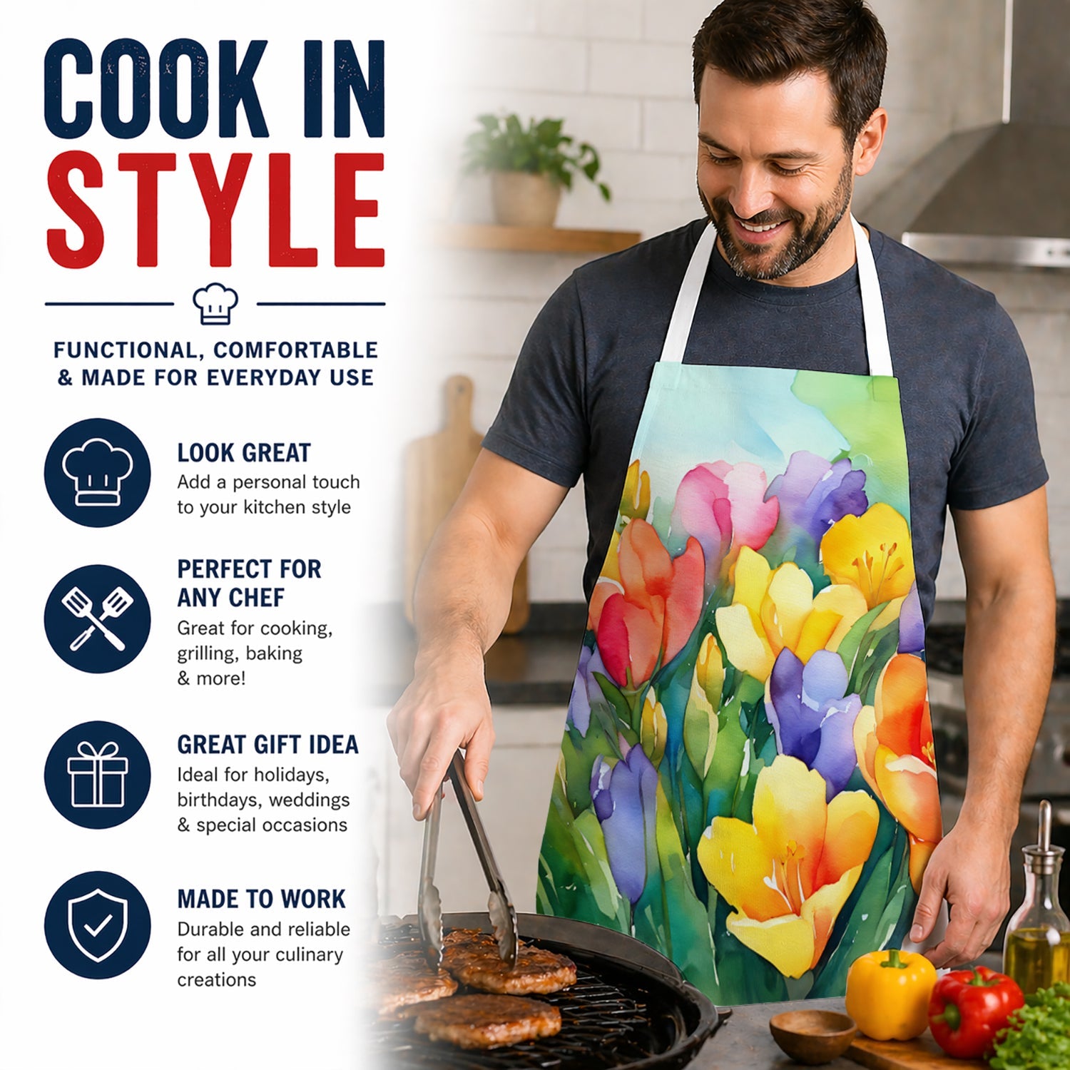 Freesias in Watercolor Apron Cooking Kitchen Server Baking Crafts Gardening for Adult Women Men, Unisex, Large, Multicolor