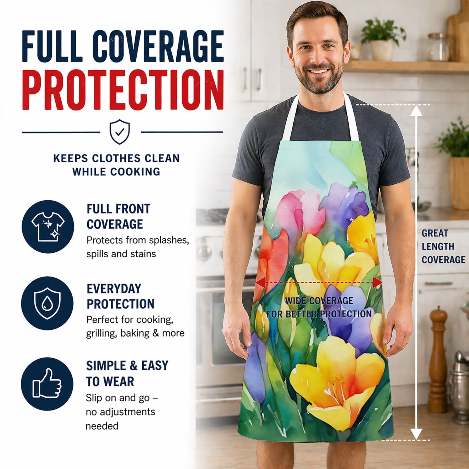 Freesias in Watercolor Apron Cooking Kitchen Server Baking Crafts Gardening for Adult Women Men, Unisex, Large, Multicolor