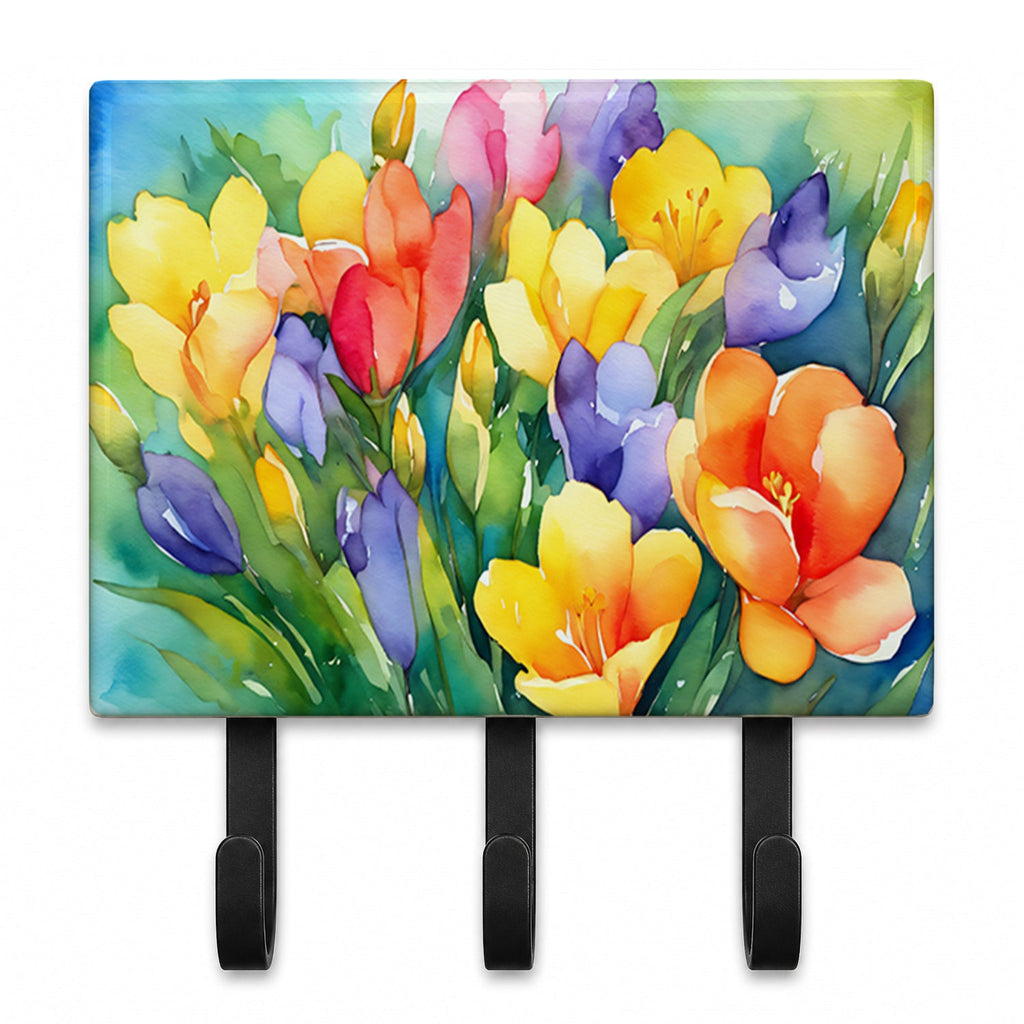 Freesias in Watercolor Leash or Key Holder Wall Hooks, Coat Rack Wall Mount, for Hanging Keys, Towels, Aprons, Leashes